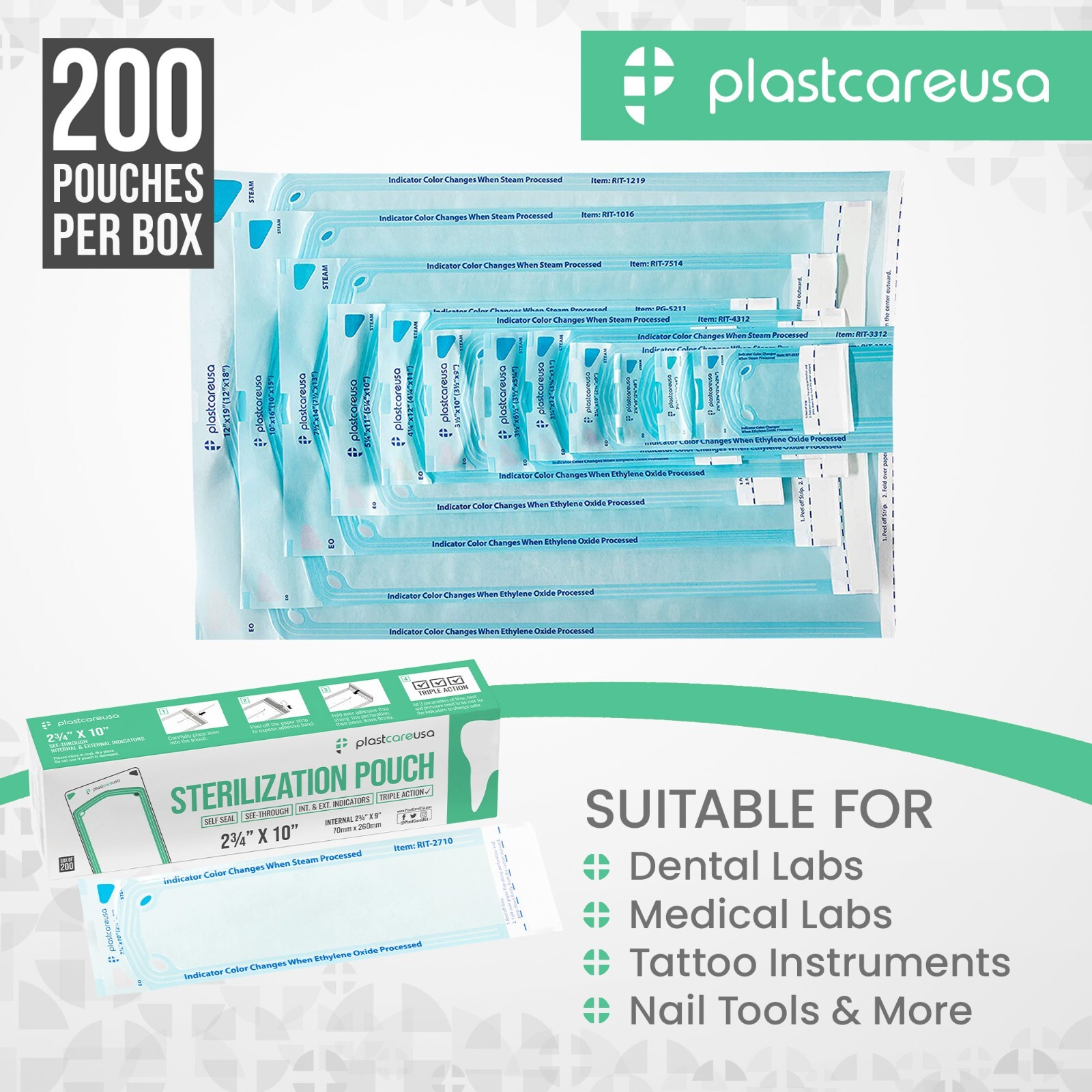 2.75″ x 10″ Self-Sealing Sterilization Pouches for Autoclave (1 Box of 200)
