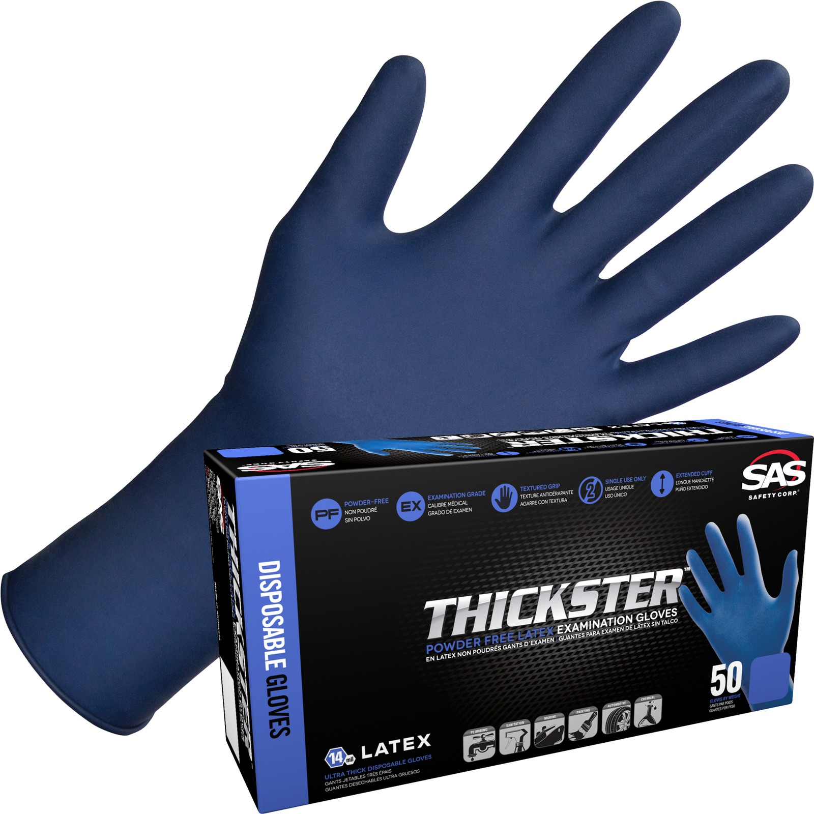 Thickster Powder-Free Latex Disposable Gloves, 14 Mil, Textured Grip, Blue,