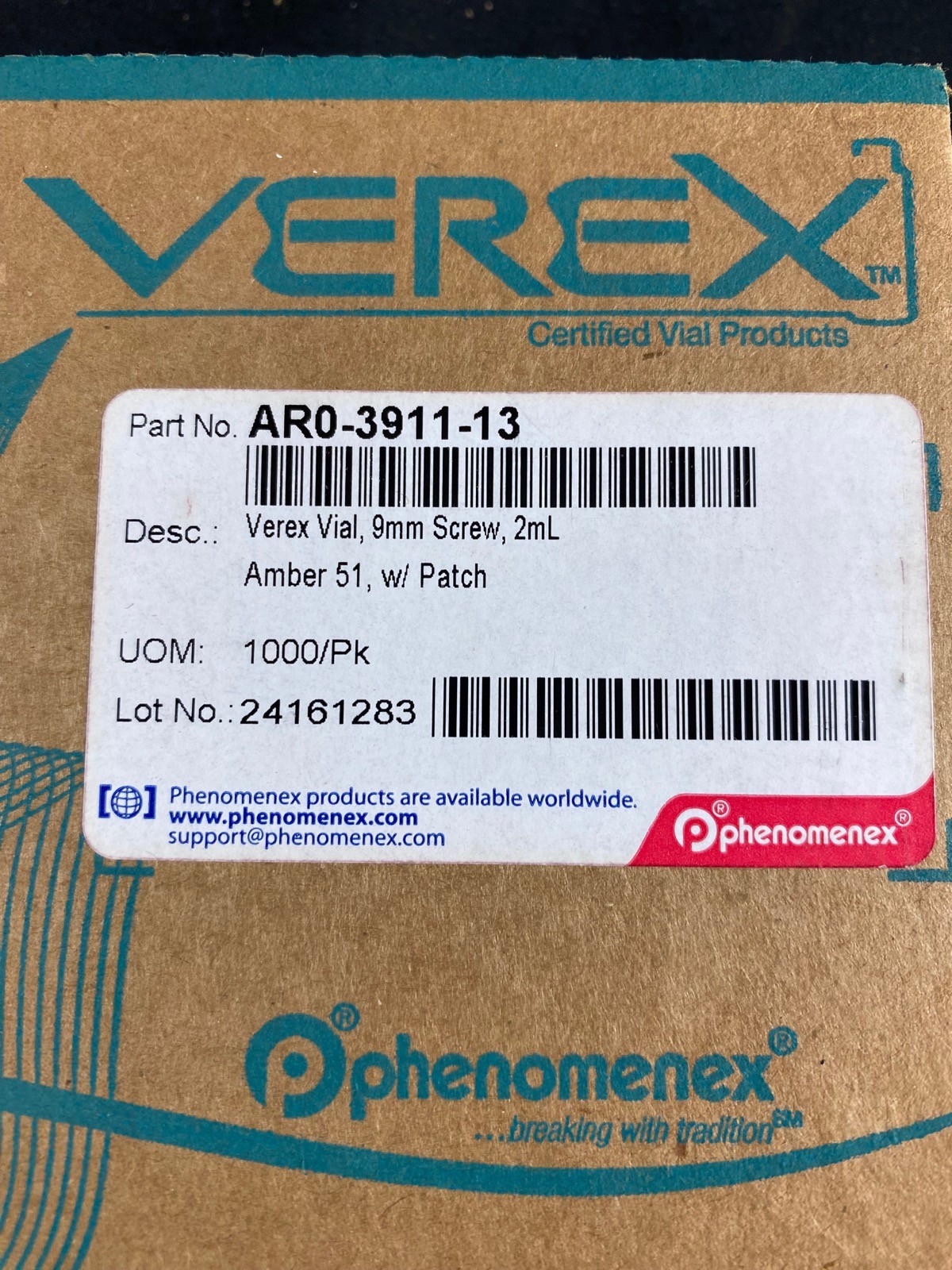 PHENOMENEX 2mL Verex Vial 9mm Screw Amber 51 w Patch AR0-3911-13 (1000/cs)