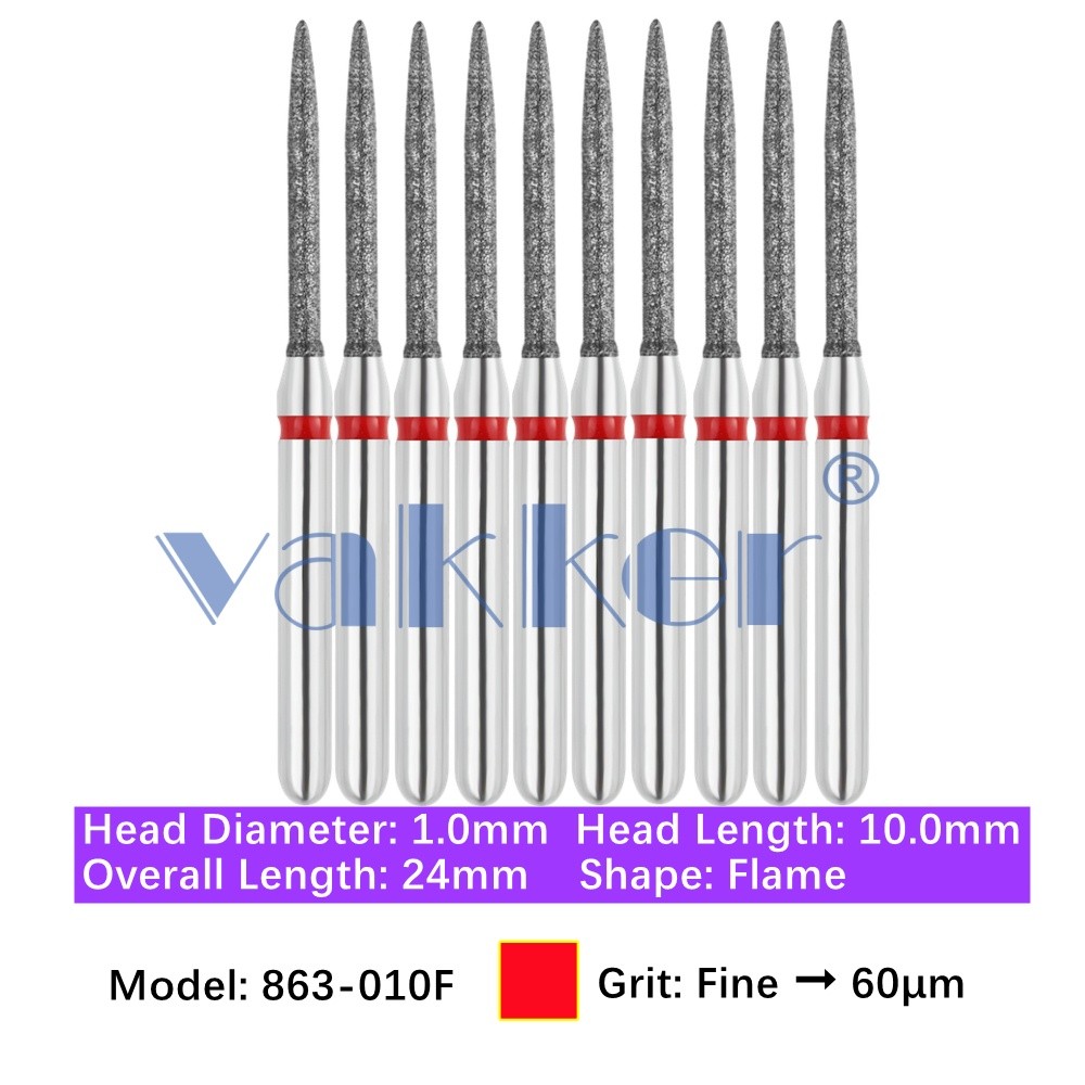 Vakker 10pc Dental 863-010F Fine Grit FG Diamond Burs Friction Grip Flame Shape