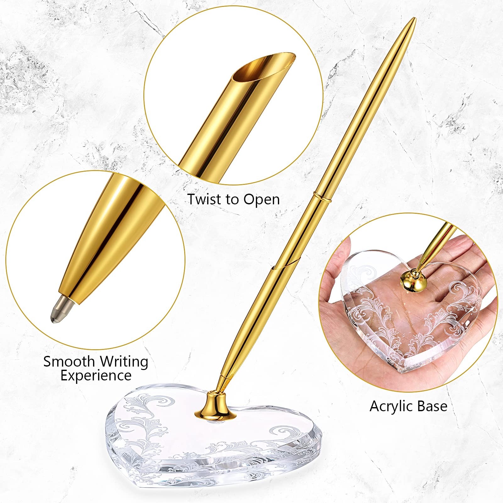 Outus 2 Pcs Wedding Pens Set For Guest Book Acrylic Heart Pen Holder Stand Gold