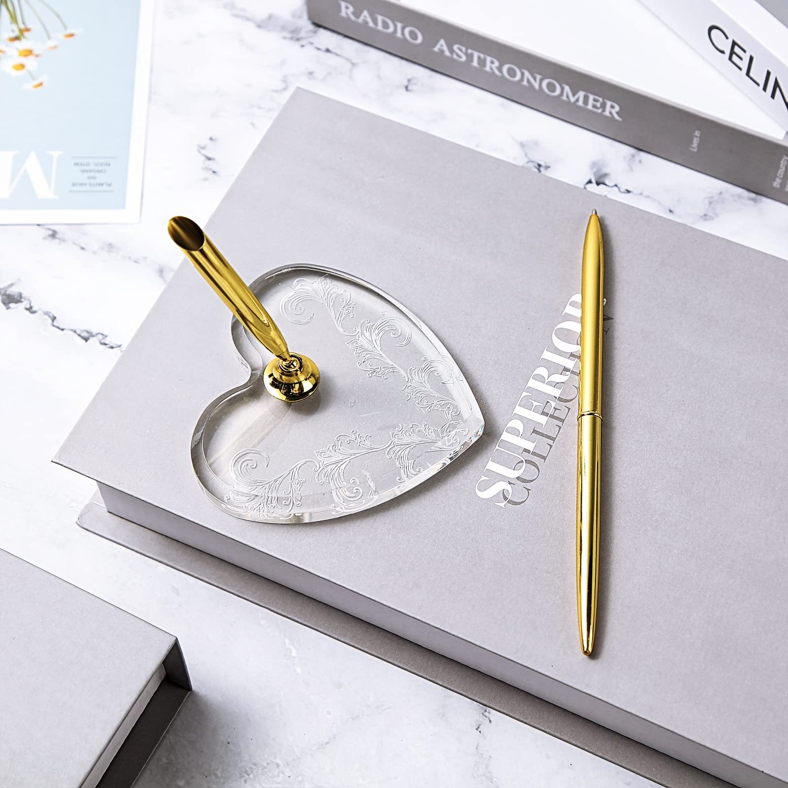 Outus 2 Pcs Wedding Pens Set For Guest Book Acrylic Heart Pen Holder Stand Gold