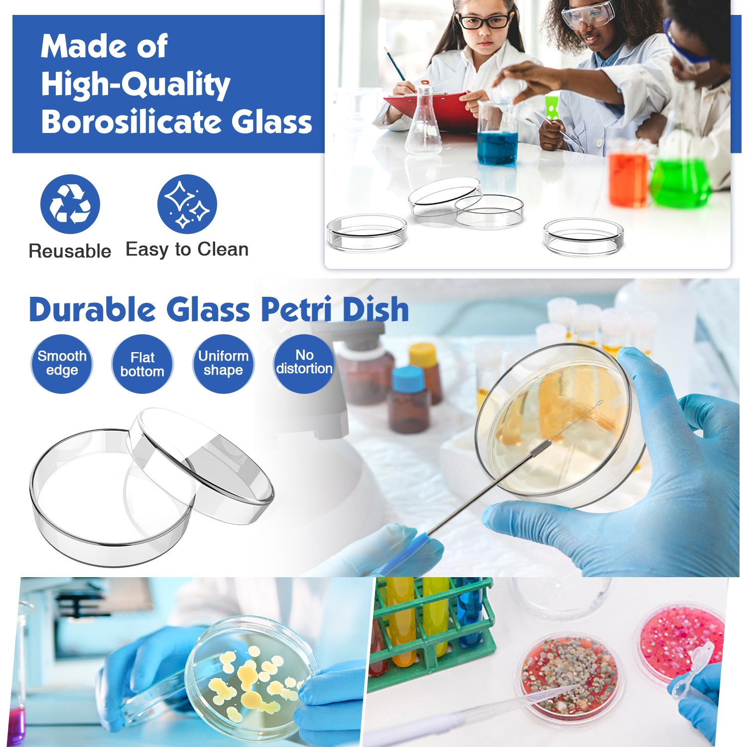 90mm Glass Lab Petri Dish Lab Petri Plates Dishes Reusable w/ Lids Autoclavable