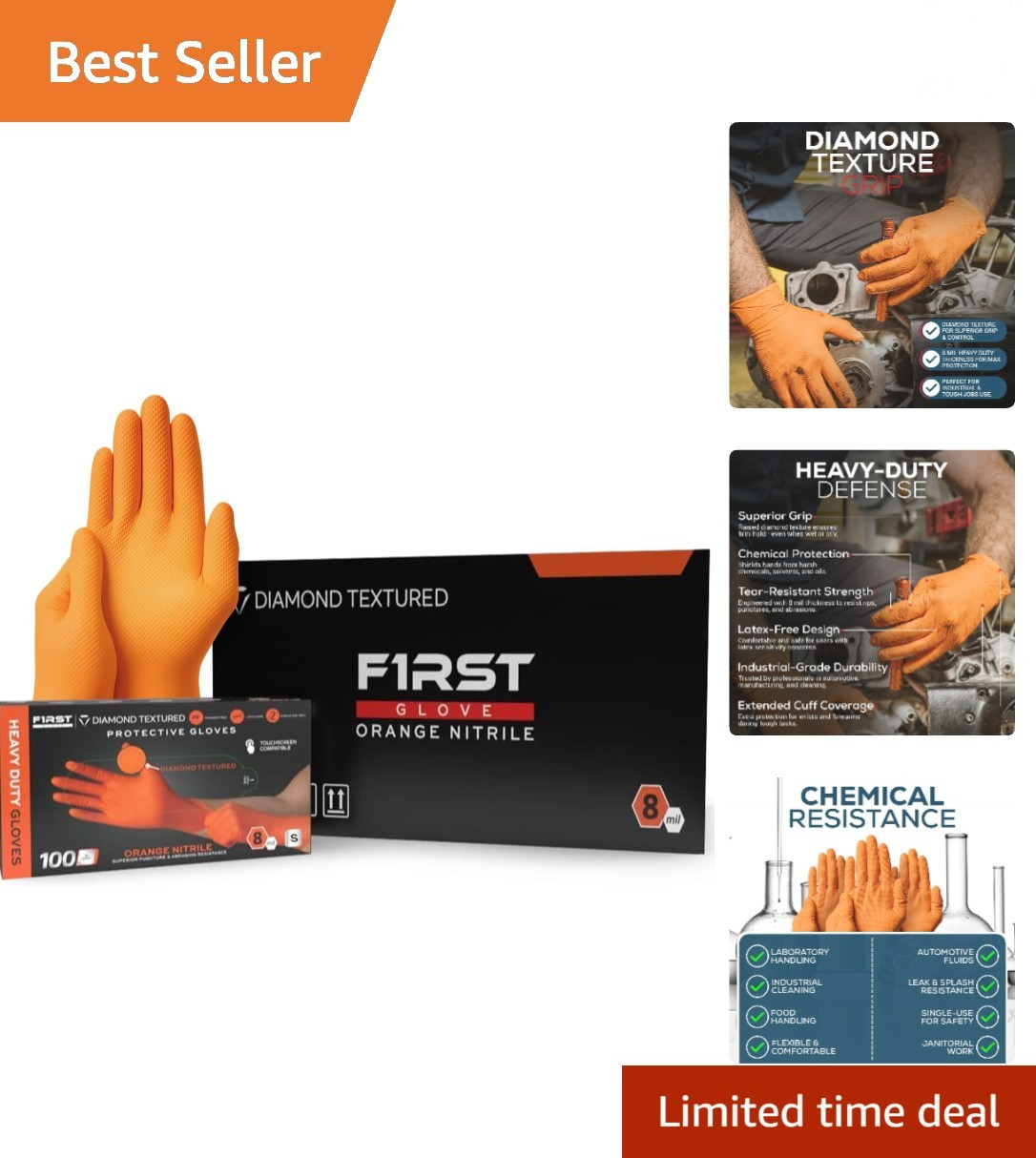 First Glove Grip Orange Nitrile Disposable Gloves 8 Mil Raised Diamond Texture