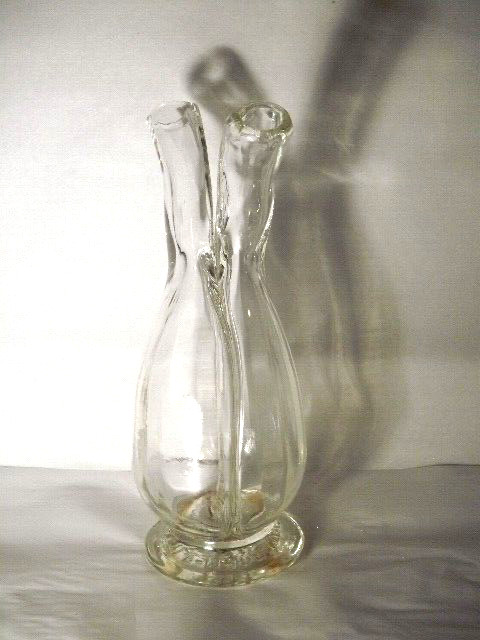 EXTREMELY ODD CONJOINED RIBBED & HORNED BOTTLE MADE IN FRANCE EACH W GLASS STRAW