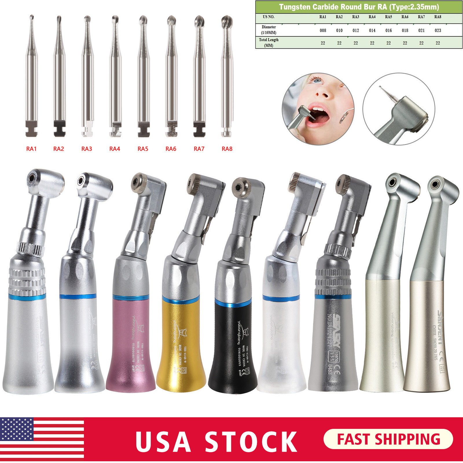 Low Speed Contra Angle Handpiece /Tungsten Steel Carbide Burs RA1-RA8 AK Dental