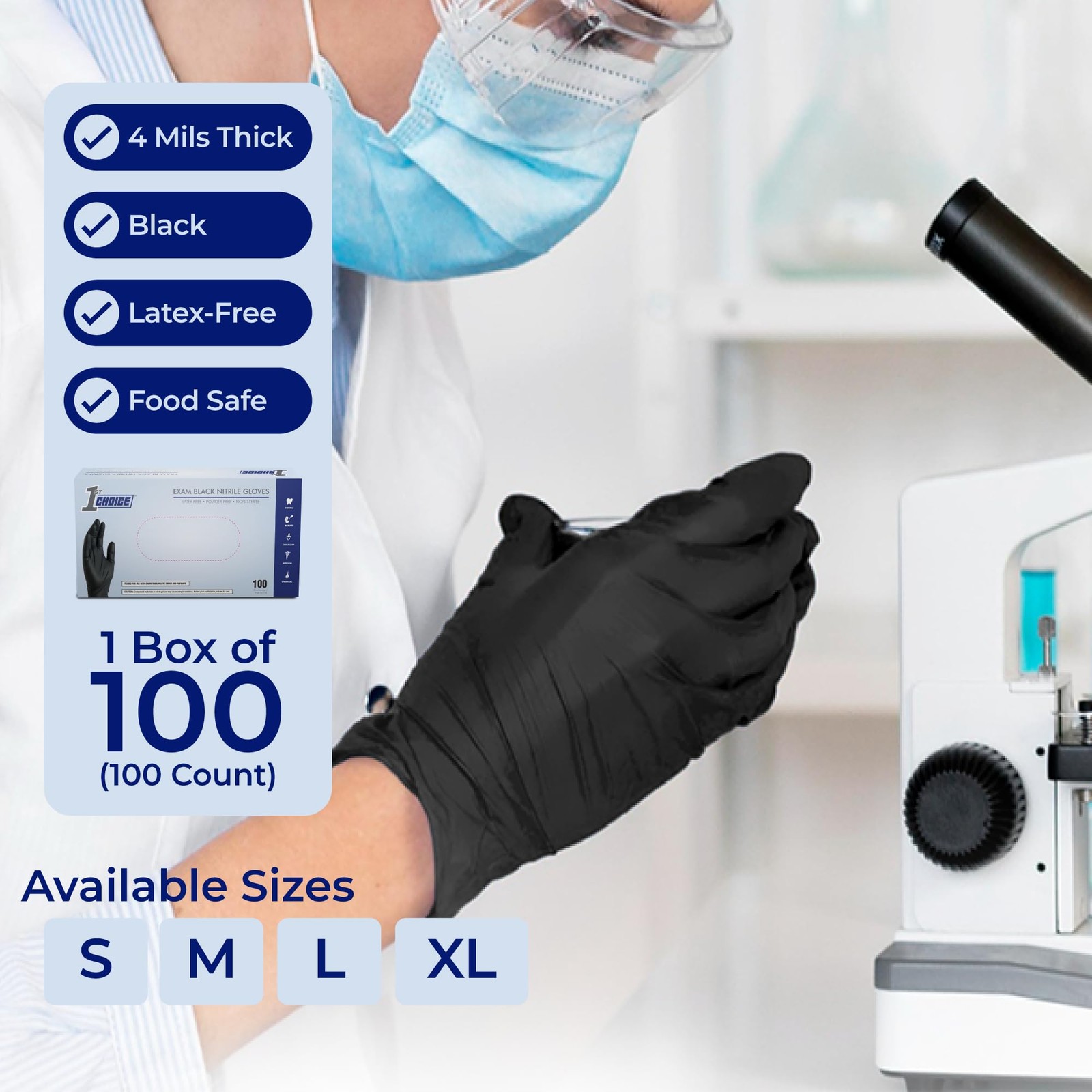1st Choice Black Nitrile Gloves, Large, Box of 100, Disposable,
