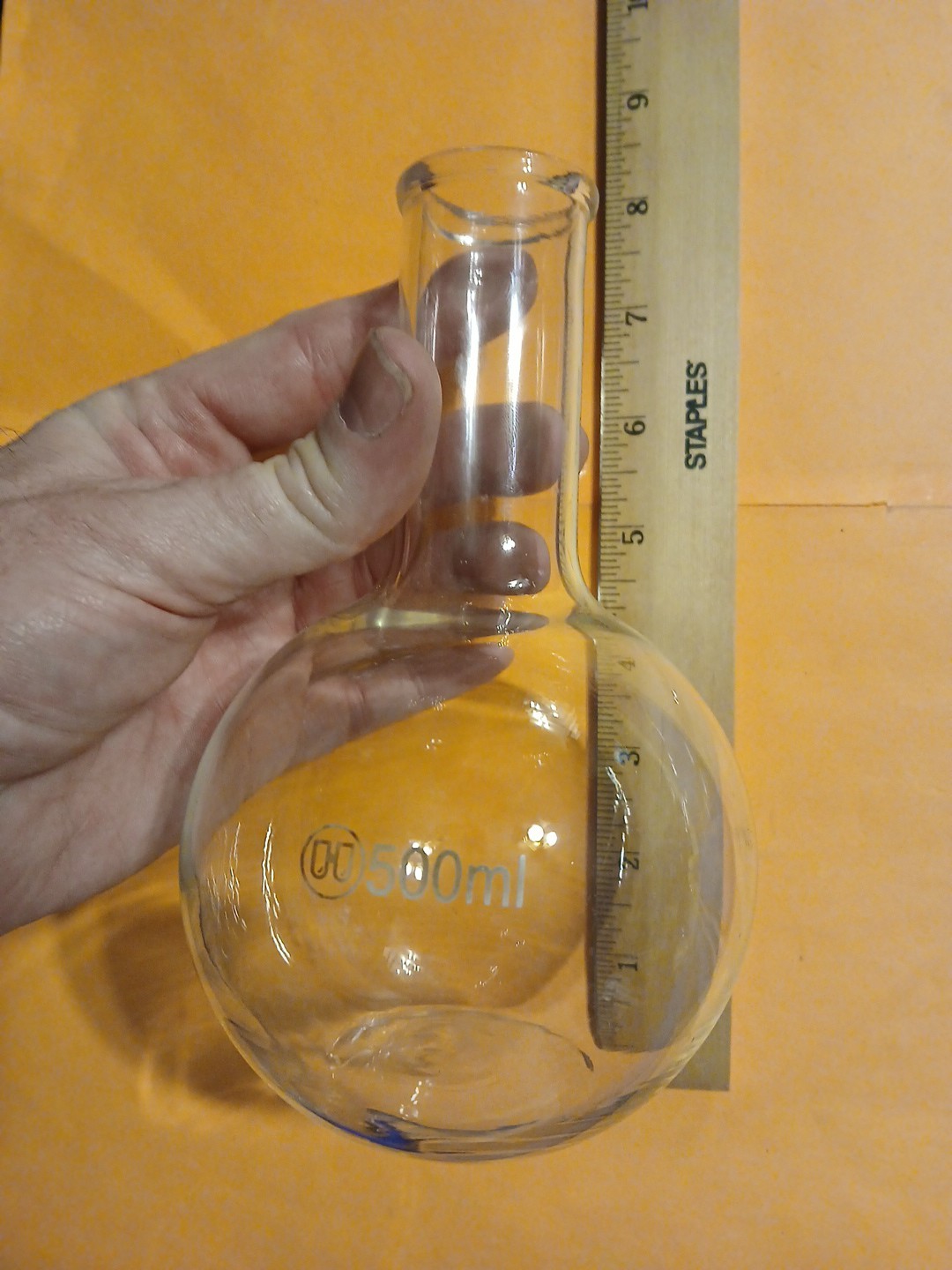 Boiling Flask, 500ml, Borosilicate Glass, Wide Neck, Flat Bottom – Unbranded