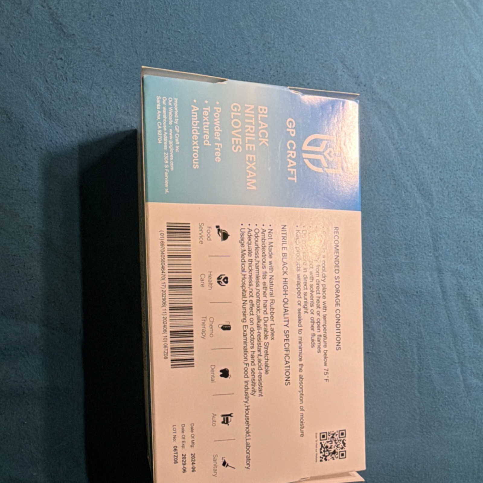 GP CRAFT Nitrile Exam Gloves Powder-Free Textured Black Large 100 Count