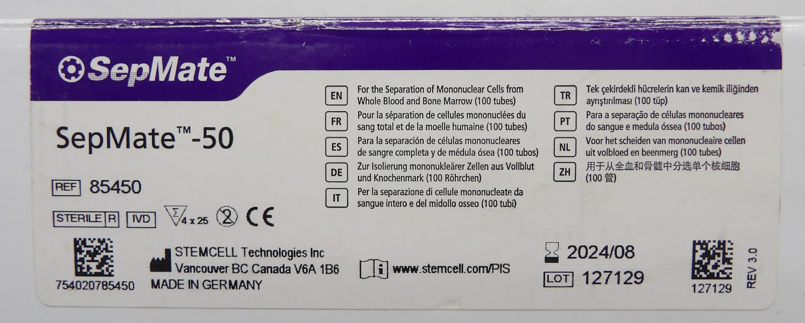 STEMCELL 85450 SepMate-50 Tubes, Box of 100, for research purposes only