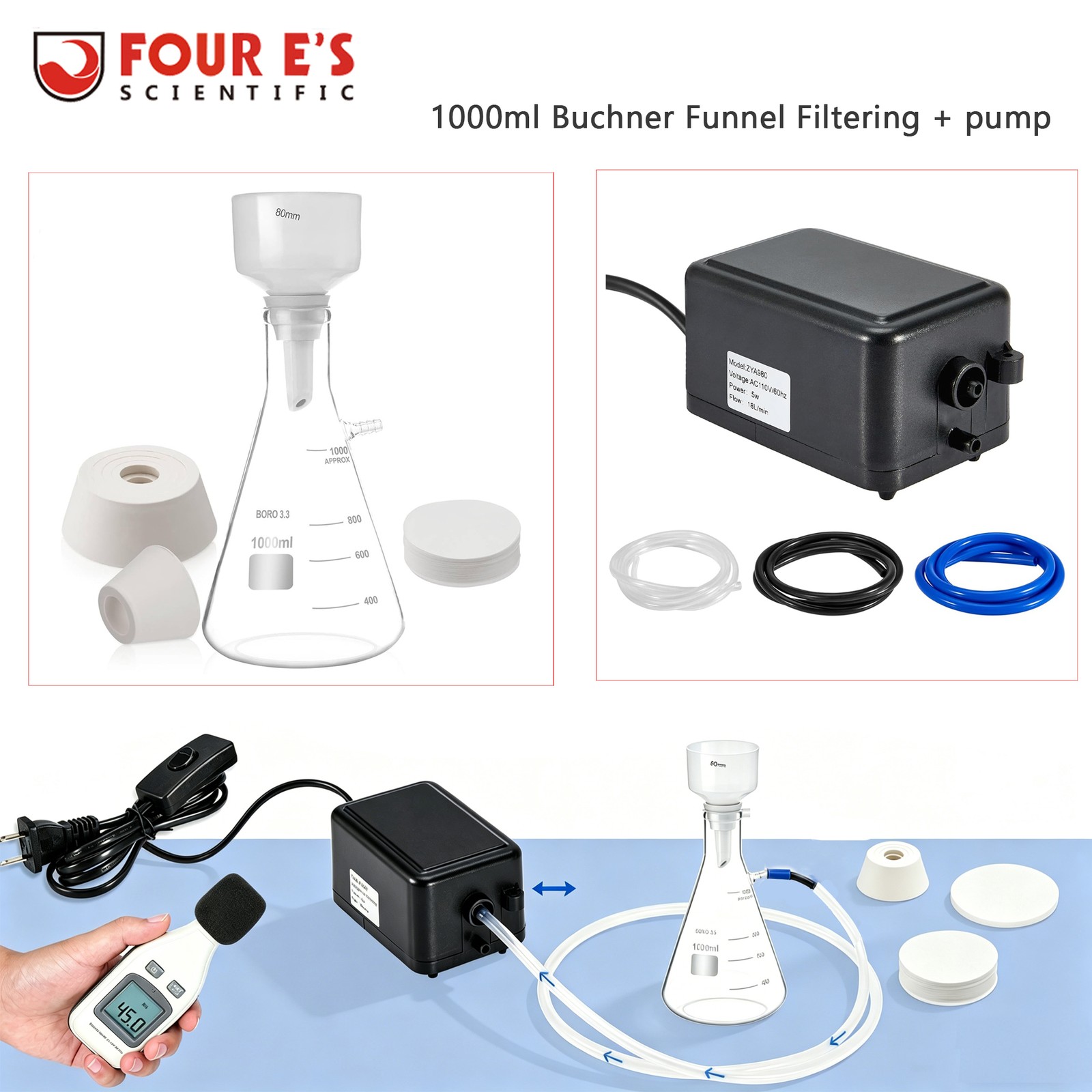 1000ML Buchner Funnel Filtering Kit Lab Vacuum Pump 18 L/Min Filter Flask Set