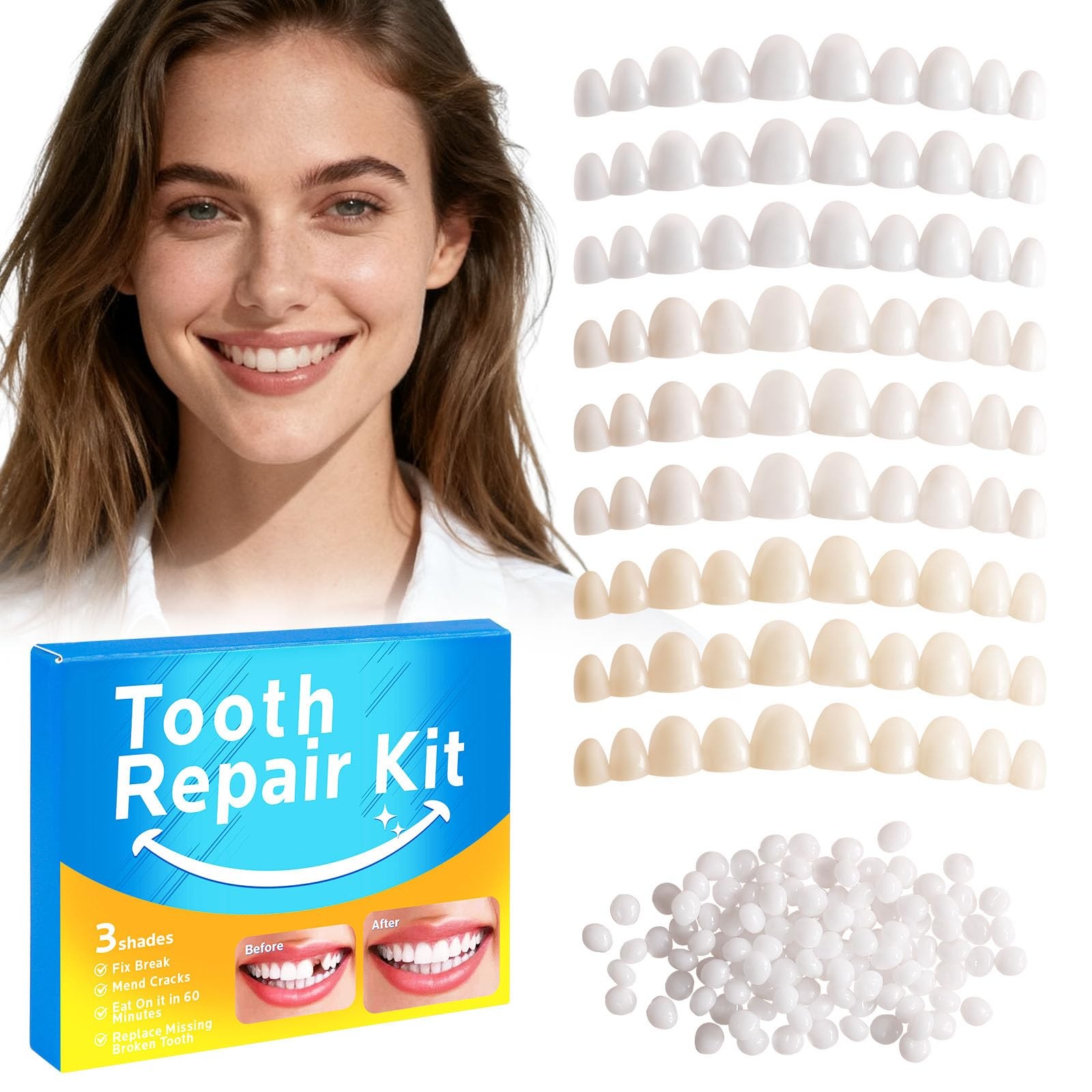Temporary Tooth Repair Kit Moldable Thermal Beads 3 Shades 10 Sizes Filling Gap