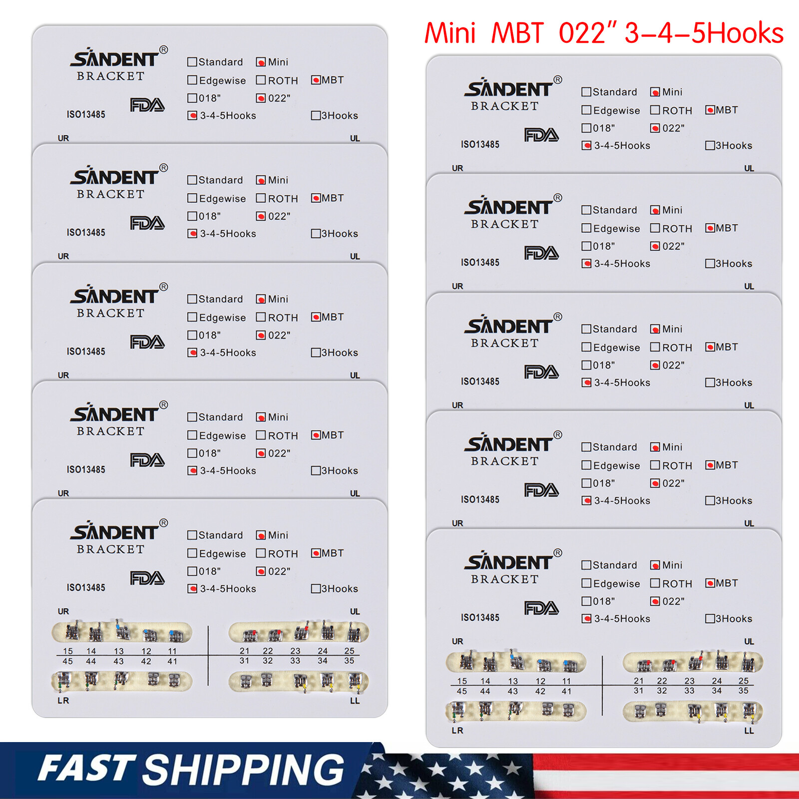 10X Dental Orthodontic Metal Brackets Braces Mini MBT Slot.022 345 Hooks ARCH