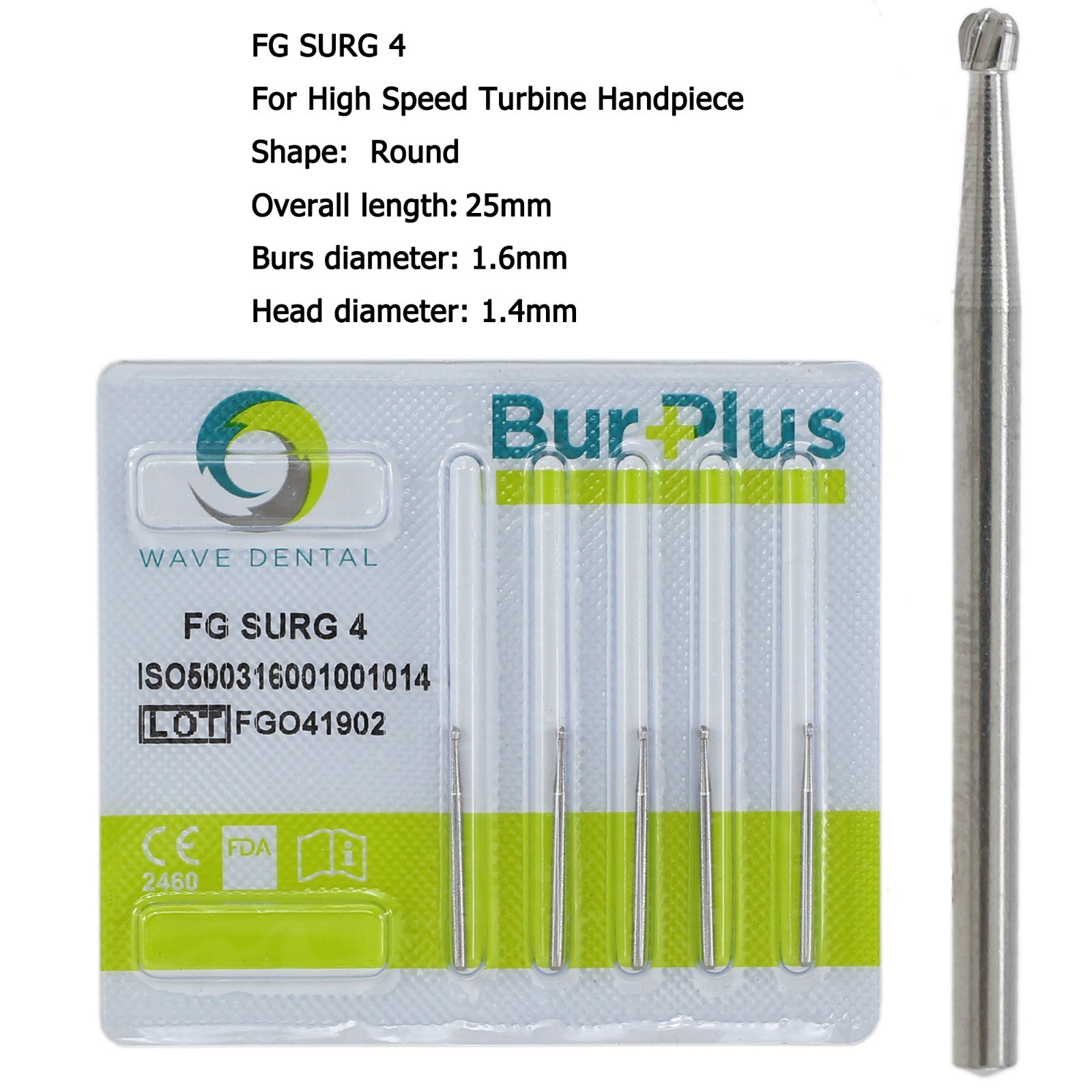 WAVE Dental Round Surgical Burs Carbide Bur High Speed Long FG / FG SURG 2 4 6 8