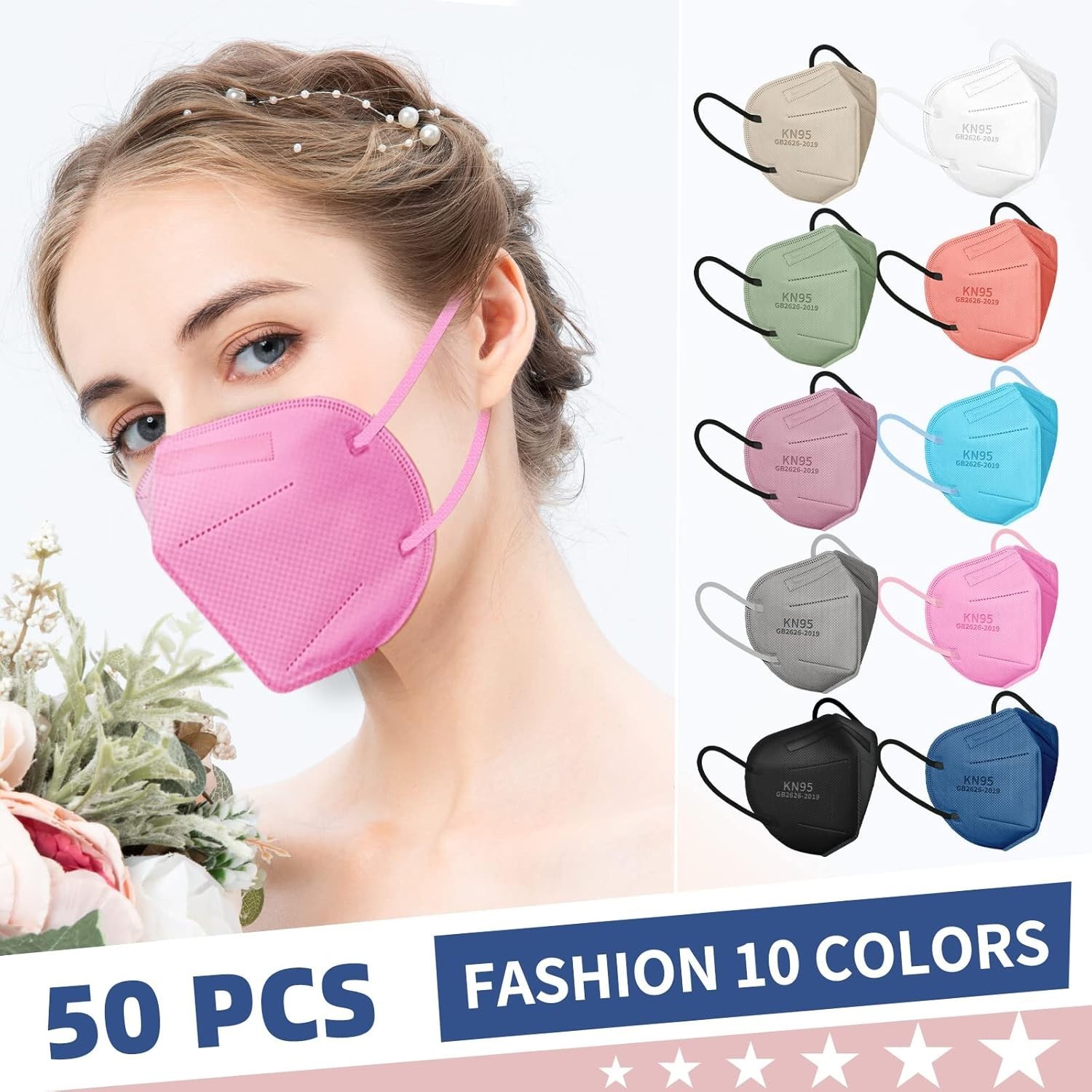 KN95 Face Masks for Adults, 50 Pack 10 Colors Disposable KN95 Masks, 5 Layer …