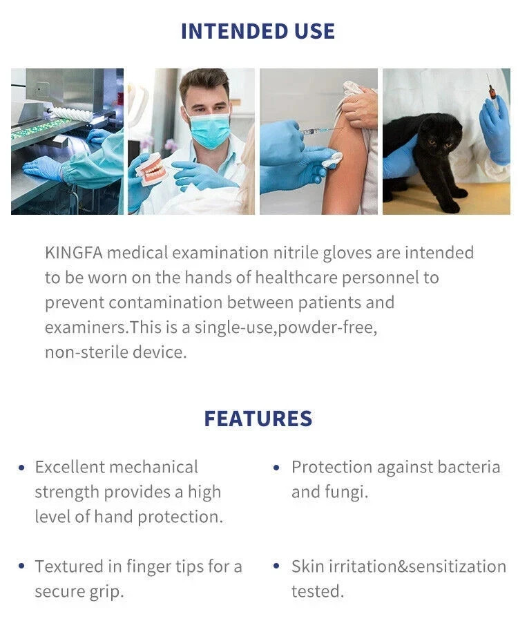 Kingfa Blue Nitrile Medical | Gloves Powder Free & Latex Free Disposable | 3 mil