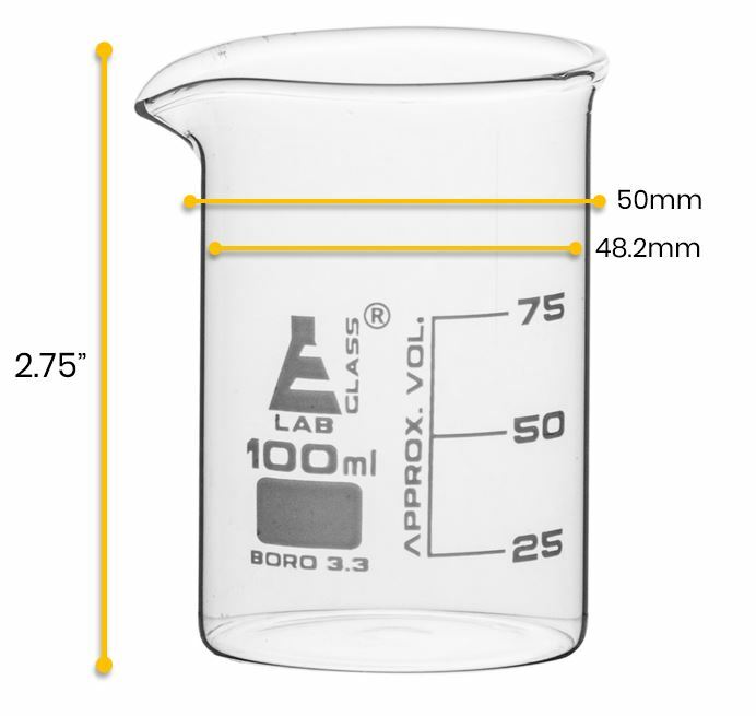 Eisco Labs 100ml Beaker, Low Form – 25ml Graduations – Borosilicate Glass