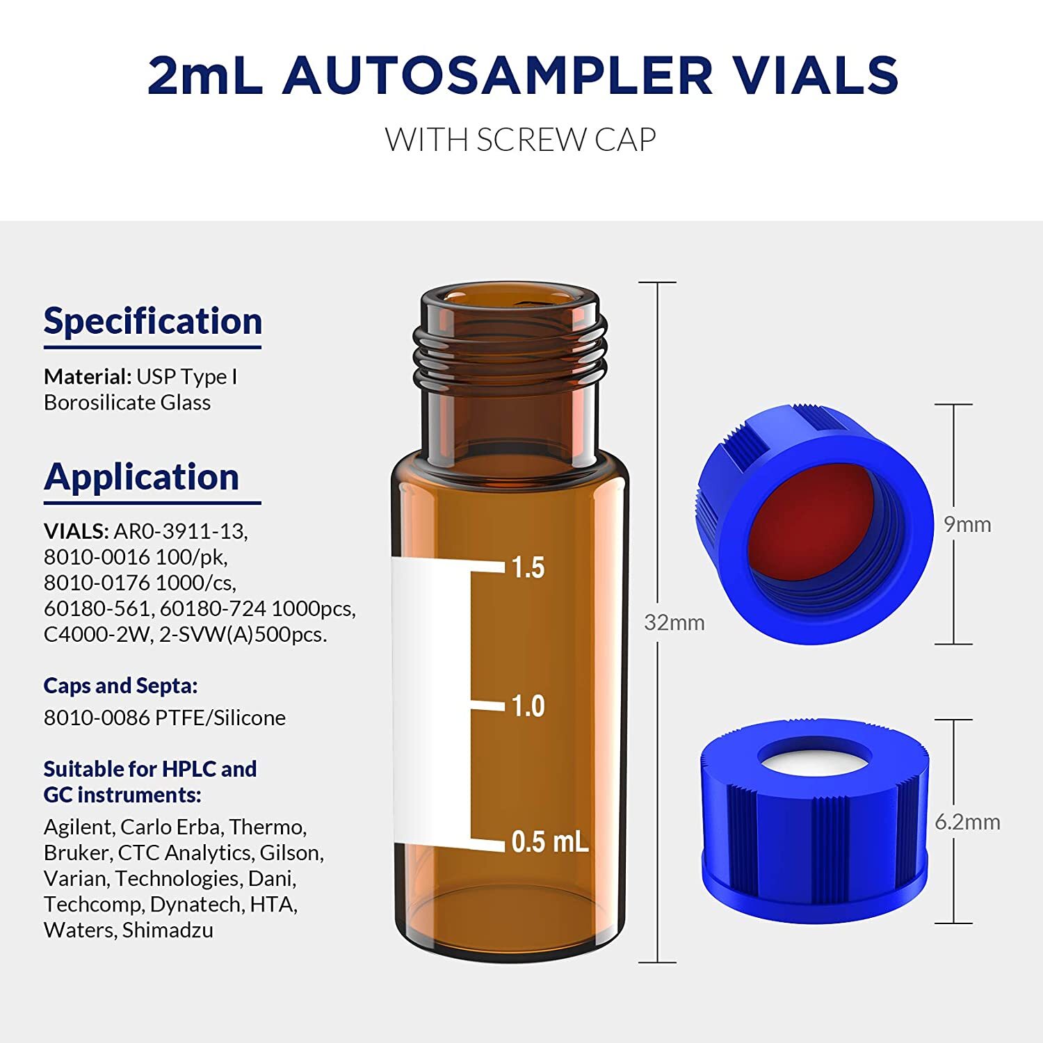 Simpure 600pcs Autosampler HPLC Amber 2mL Vials 9-425 Screw Caps with Write Area