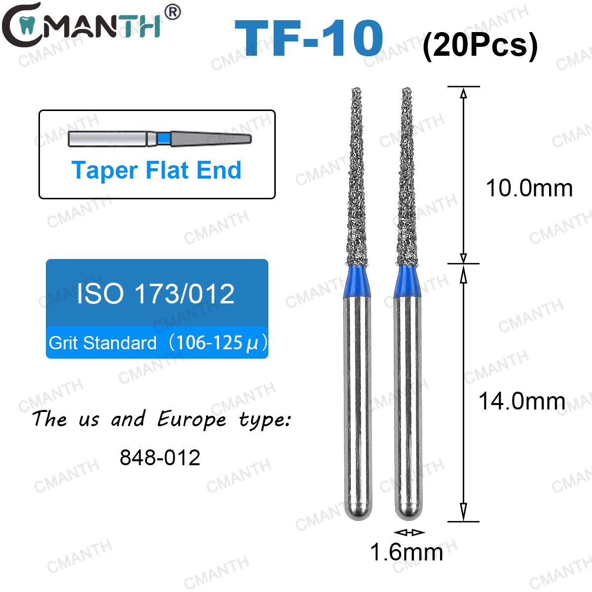 20PCS Dental Diamond Burs High Speed Bur Friction Grip Taper Flat End 848 845