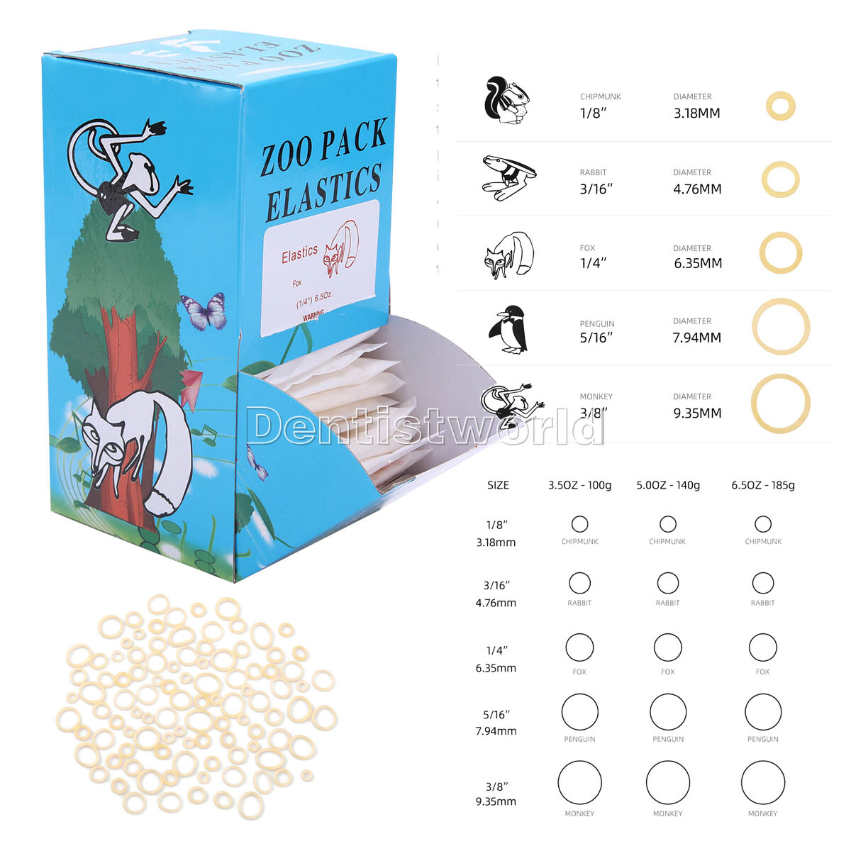 AZDENT Dental Orthodontic Elastics 5000pcs,Force 3.5 OZ,5/16″ Zoo Pack Bands