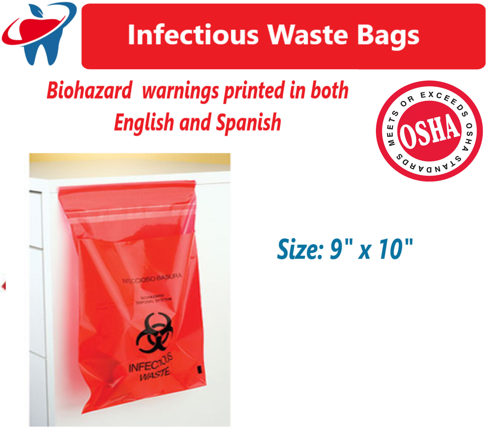 BIOHAZARD Infectious Waste Bags Red Adhesive Bag, Meets OSHA requirement