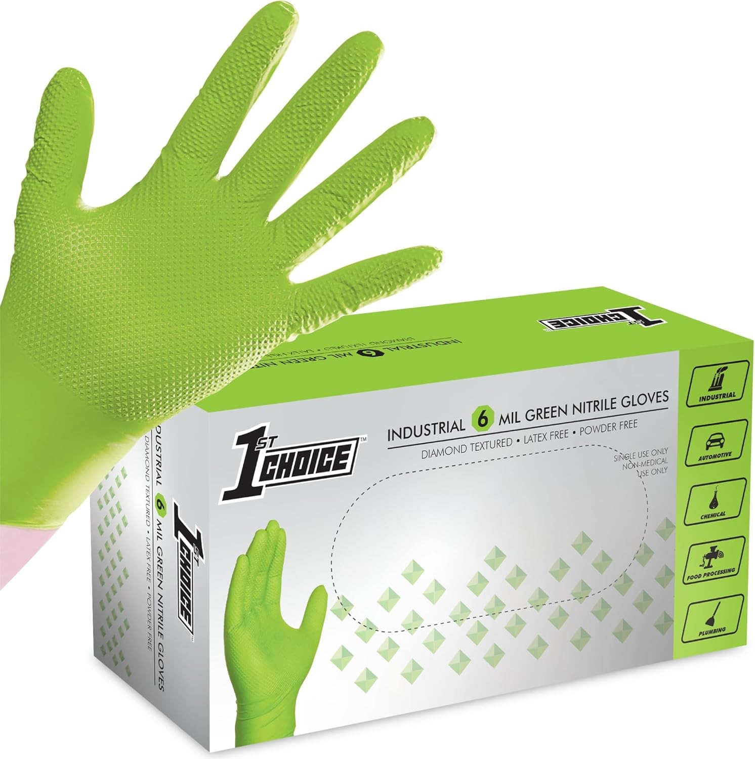 1st Choice 6 Mil Nitrile Gloves – Orange & Green Diamond Grip, Latex Free