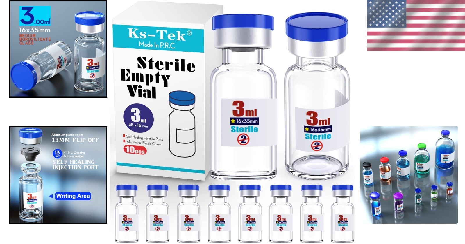Sterile Glass Vials 3ml with Injection Port Flip Cap 10pcs Medical Vial