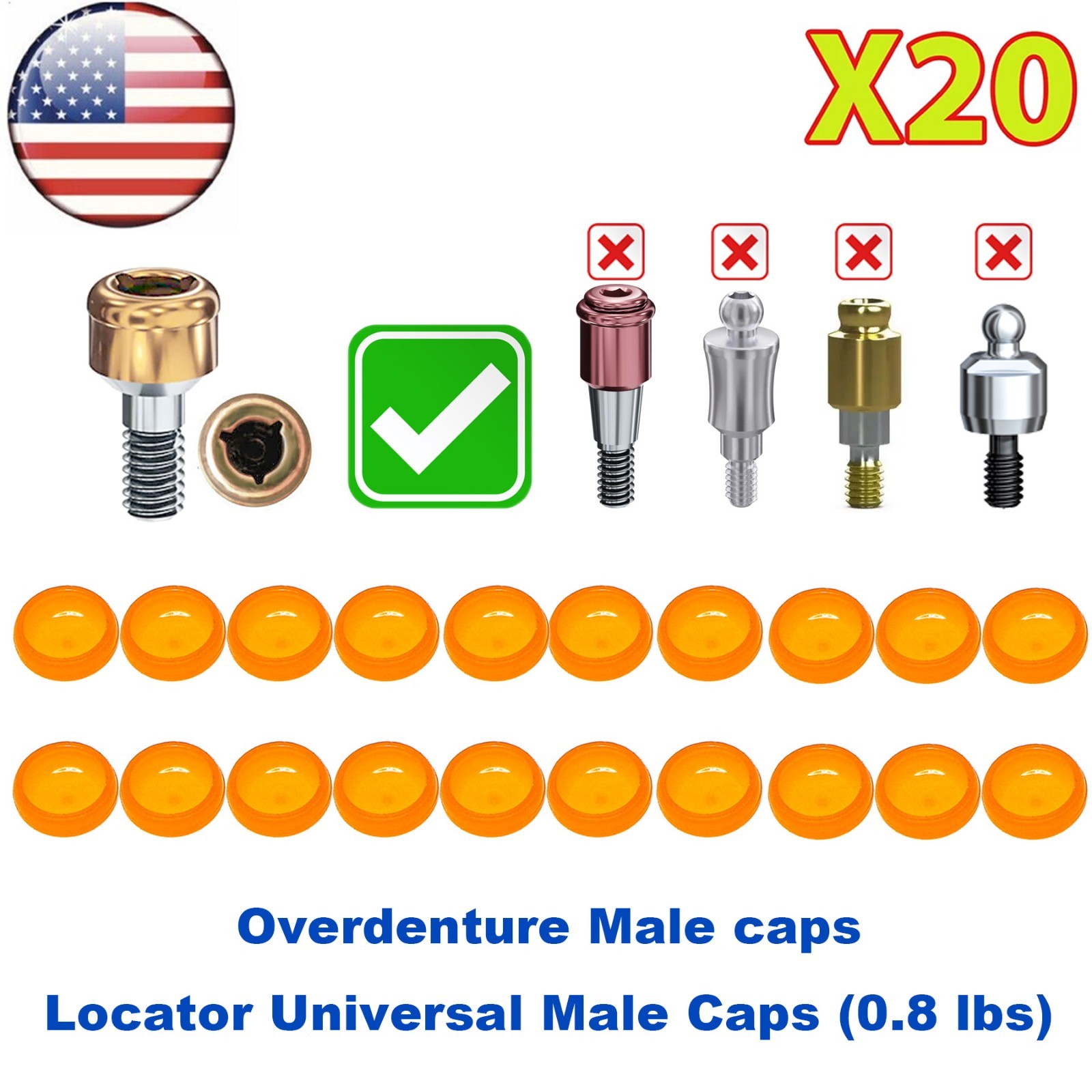 US Dental Overdenture Locator Core Tool Retention Male Caps For Abutment Inserts