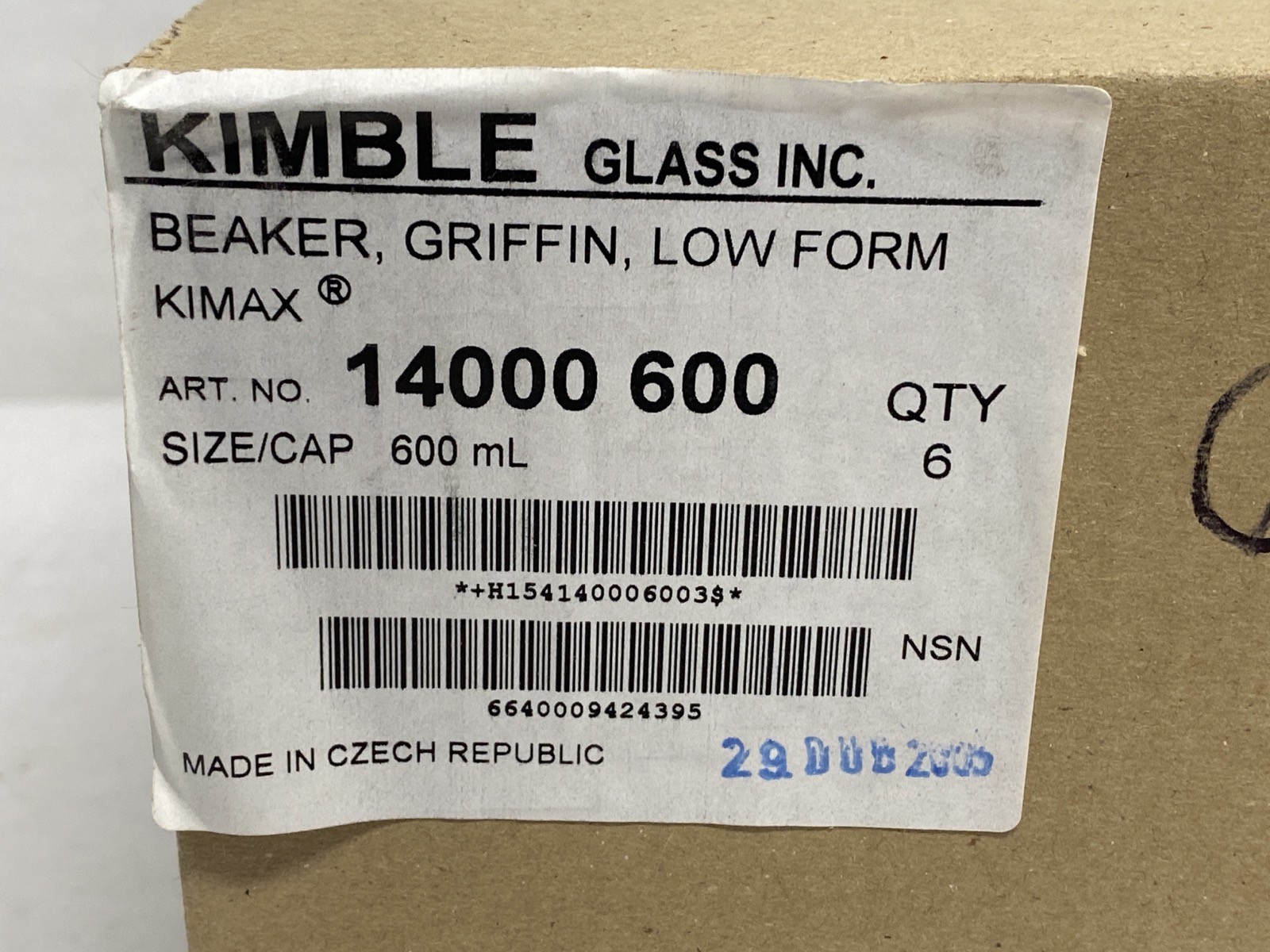 New (6/Pk) KIMAX Glass 600mL Graduated Low Form Griffin Beakers 14000-600