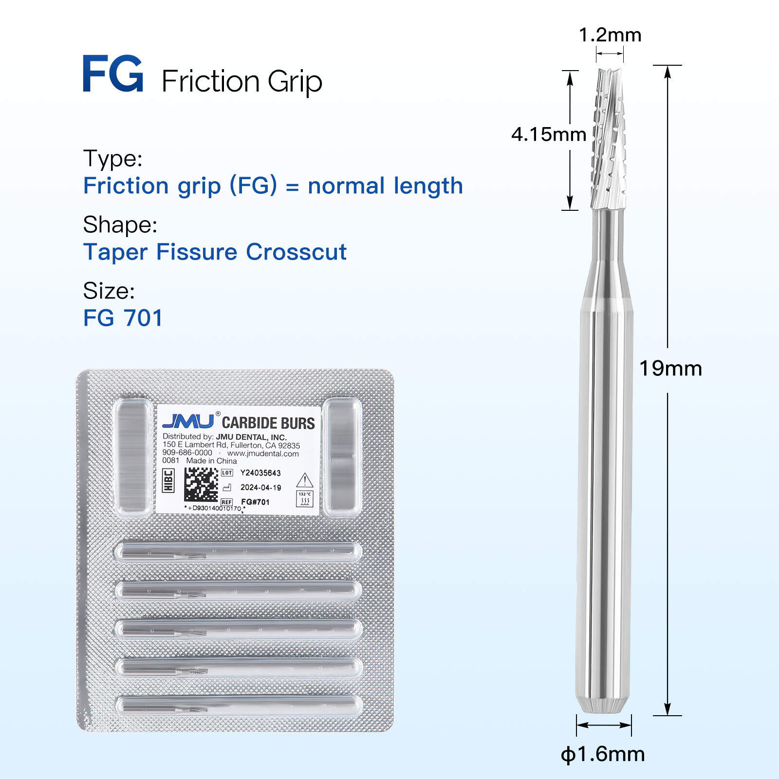JMU Dental Carbide Burs FG Taper Fissure Crosscut 5pcs/pk