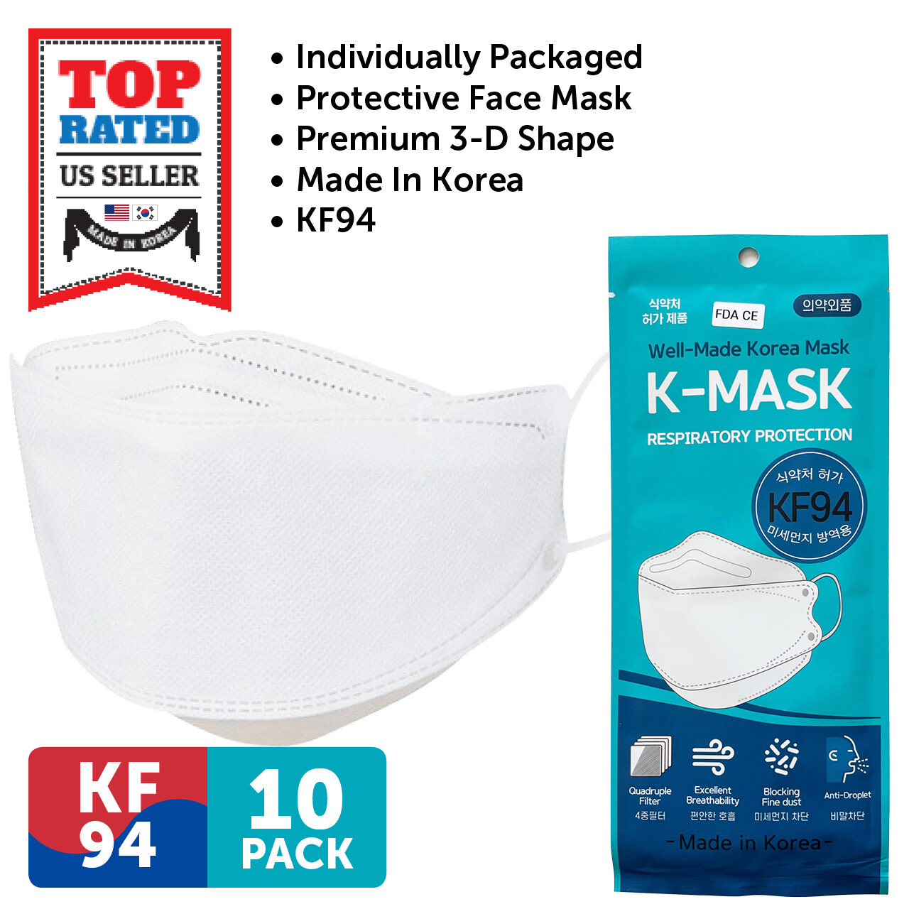 10 PCS KF94 WHITE Protective Safety Face Mask 4 Layer Adult Made in Korea