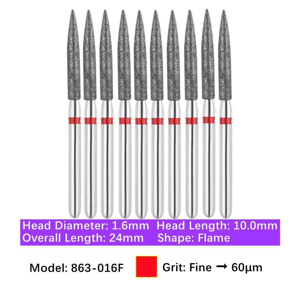 10/Pk Vakker Dental Diamond Burs Flame FG 863-016F Fine Grit Friction Grip Bur