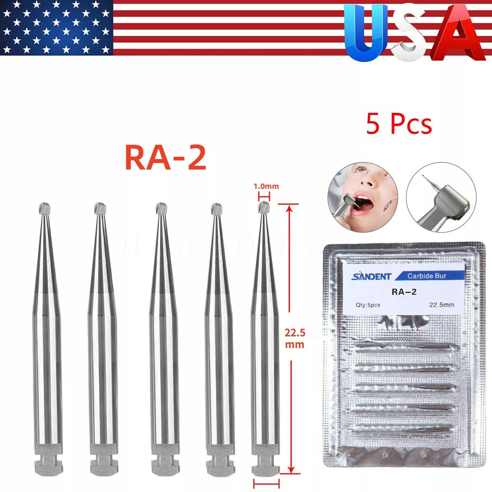 5 pcs/ pack Dental Tungsten Carbide Steel Burs for slow low handpiece RA-2 USA