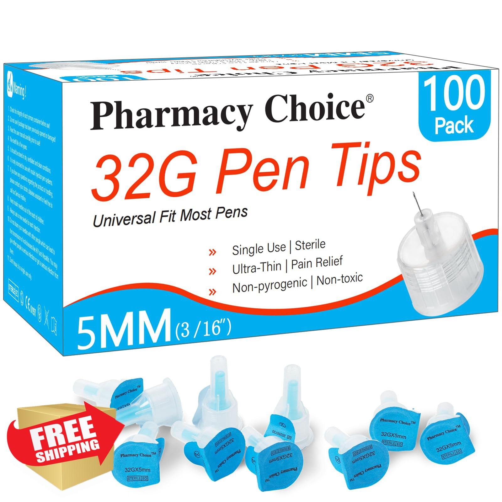 Pharmacy Choice Pen Tips 32G x 5mm 100 Count