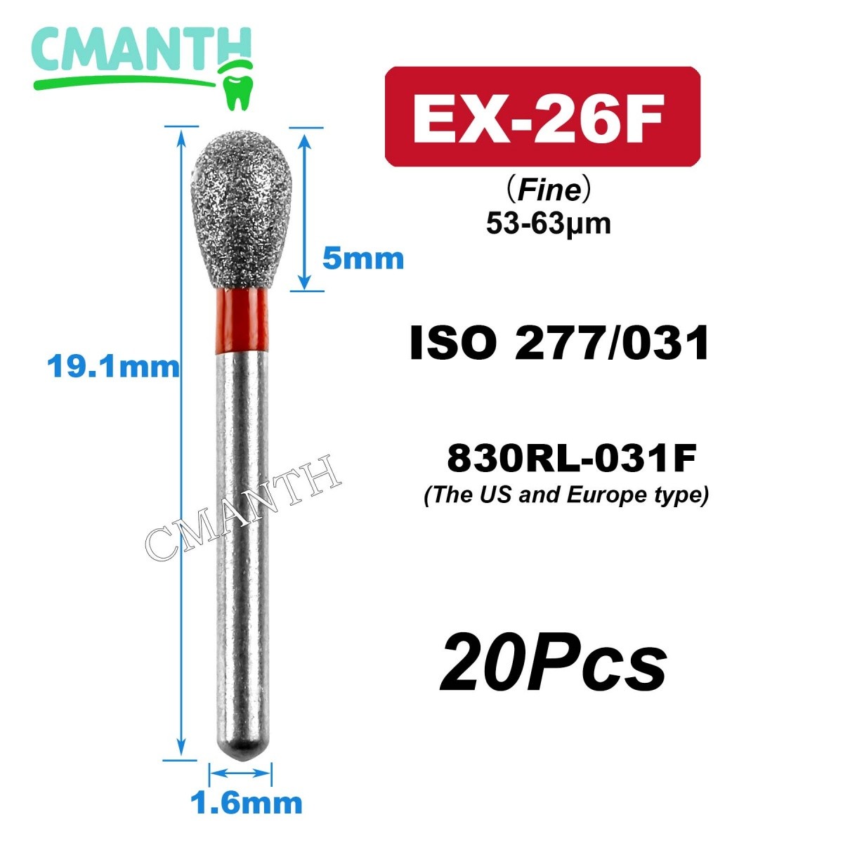 US EX Type Dental Diamond Burs FG High Speed Polishing Burs Dentist Tools 20Pcs