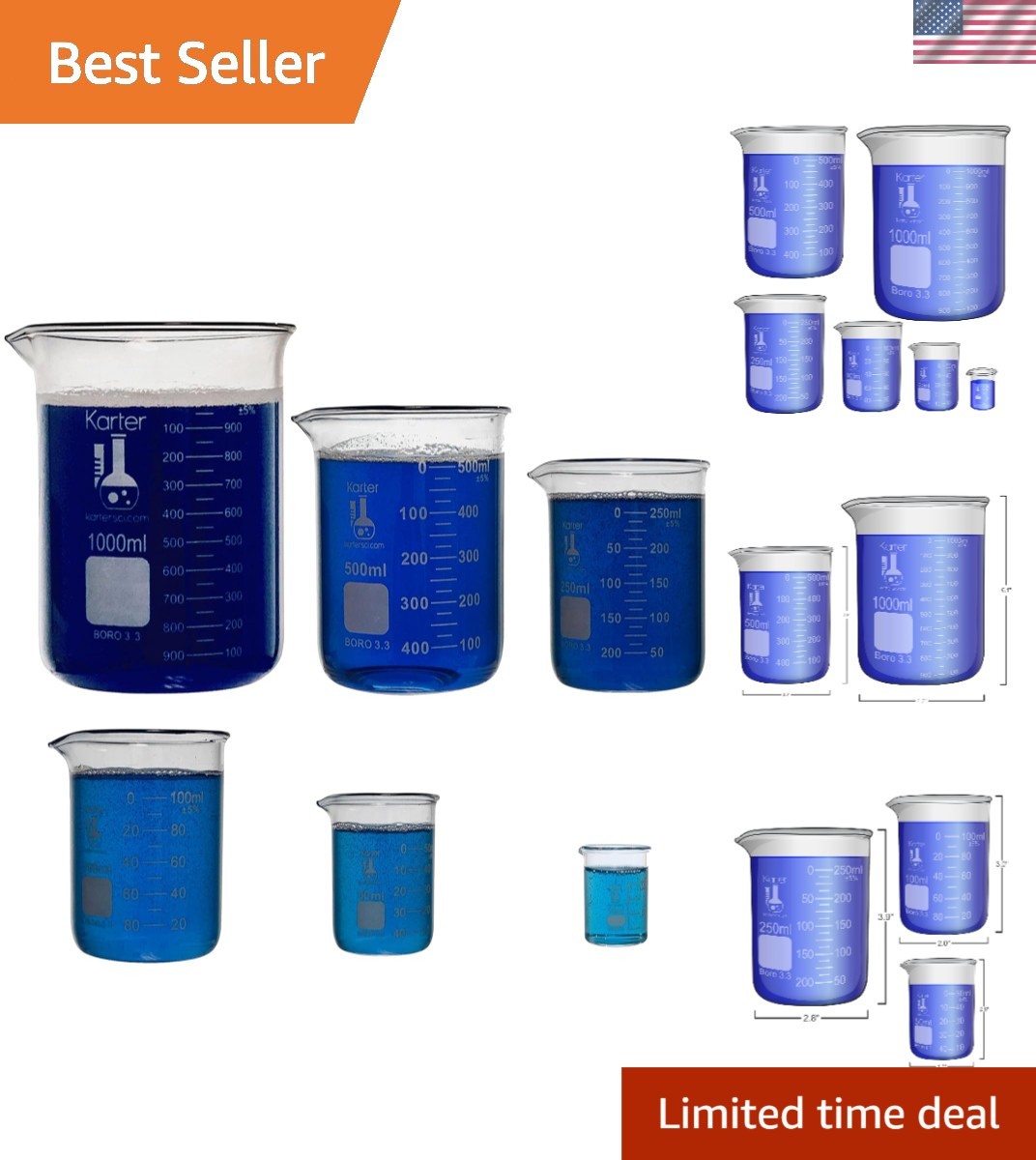 Laboratory Glass Beaker Set 6 Sizes 10ml 50ml 100ml 250ml 500ml 1000ml