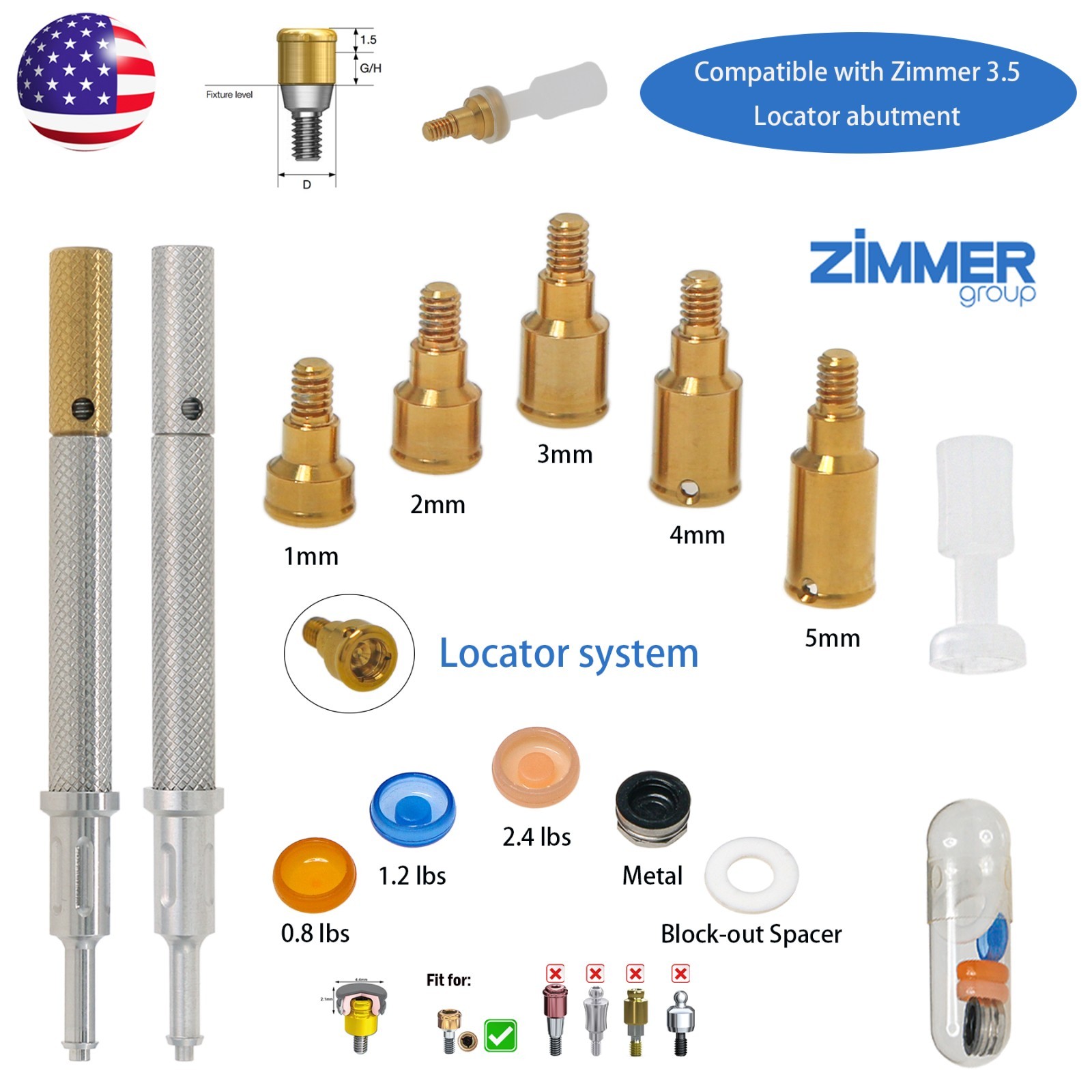 US Locator Abutment for Zimmer Screw-Vent 3.5 Titanium Abutment Male Cap Inserts