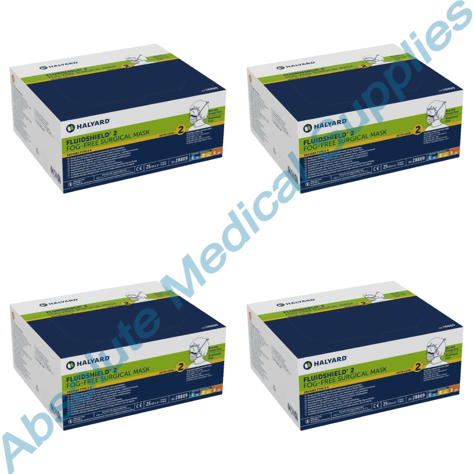 *100-Pieces* Halyard FluidShield ASTM Level 2 Fog-Free Surgical Face Mask 28809
