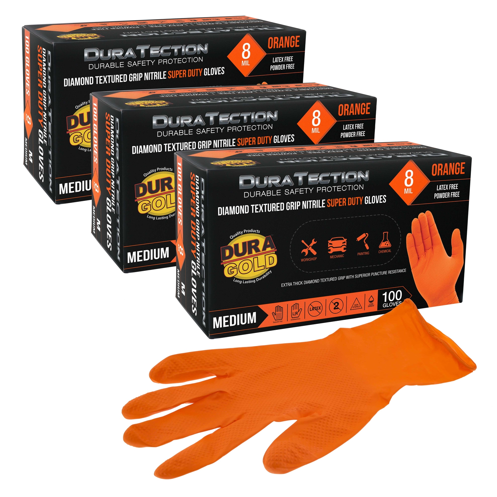 Duratection 8 Mil Super Duty Diamond Textured Nitrile Gloves, 300 Gloves, Medium
