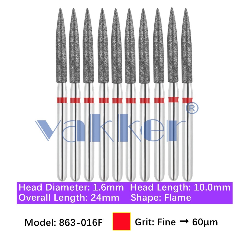 10/Pk Vakker Dental Diamond Burs Flame FG 863-016F Fine Grit Friction Grip Bur