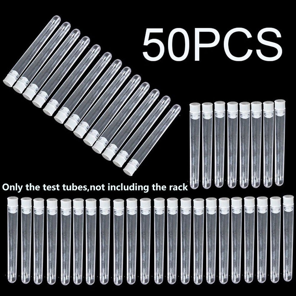 50Pcs Plastic Test Tubes Sample Container Vials w/ Caps Rack Holders 40/50 Holes
