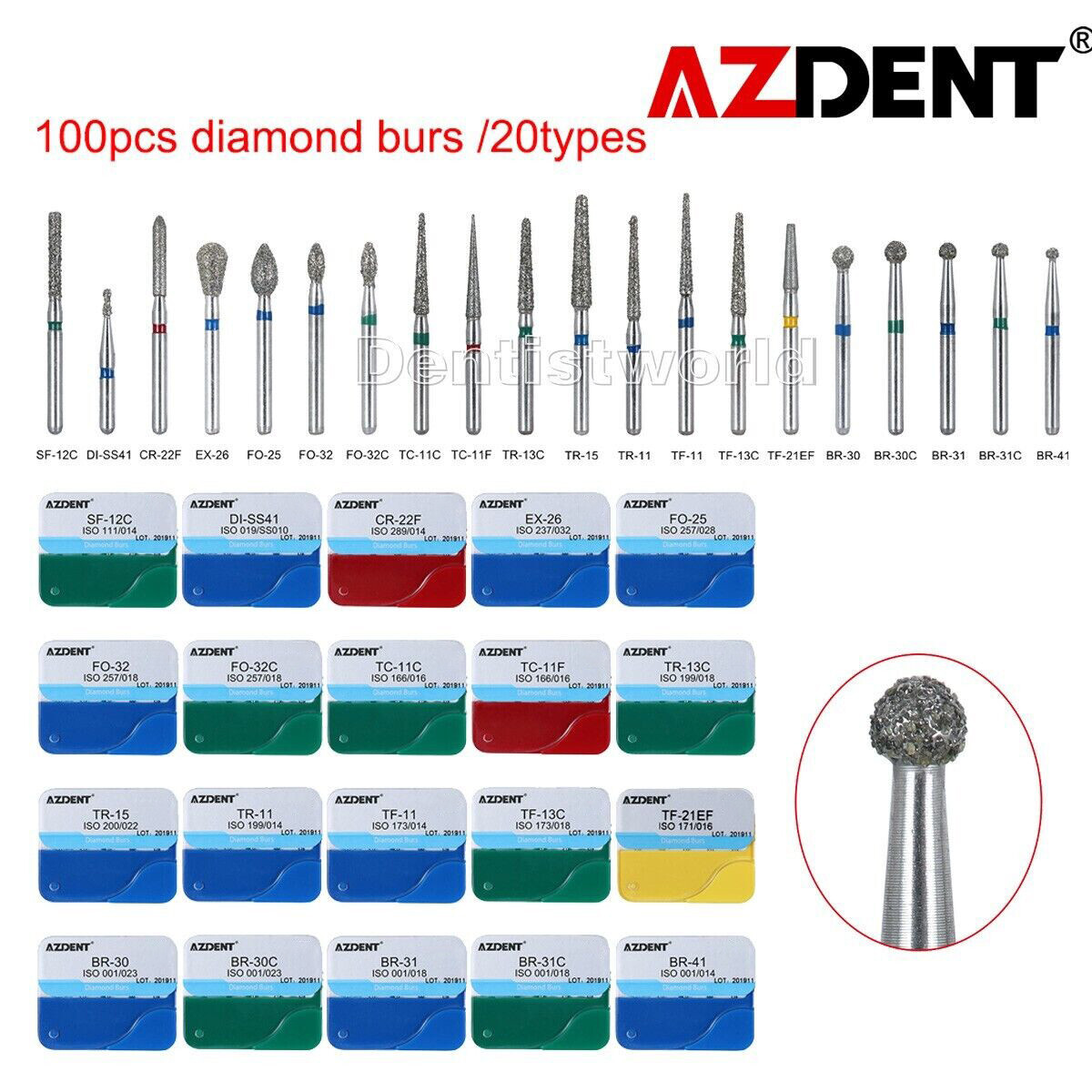 100pcs 20Types Dental High Speed Handpiece Diamond Burs Drills Medium FG 1.6mm