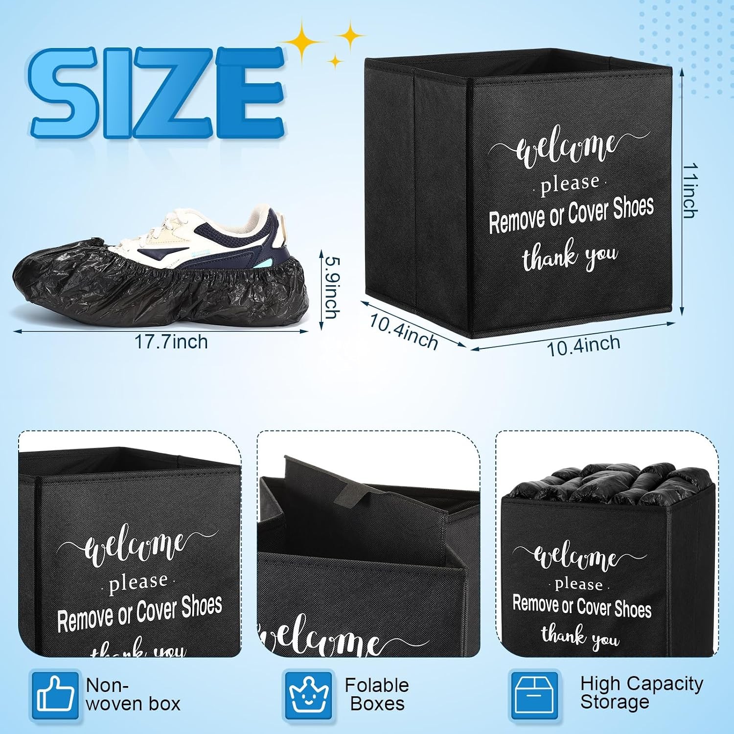 300 Pcs Black Disposable Waterproof Shoe Covers W/ 1 Pcs Indoor Foldable Storage