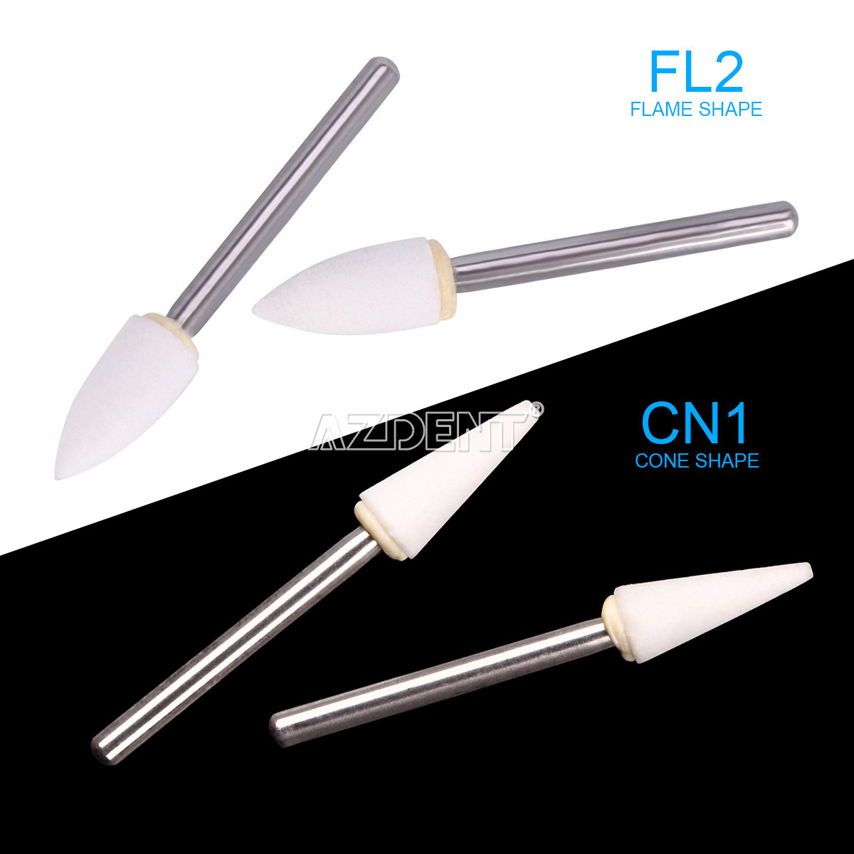 3Type Dental White Stone Polishing Burs FG Aluminum Oxide Flame/Cone/Round Shape