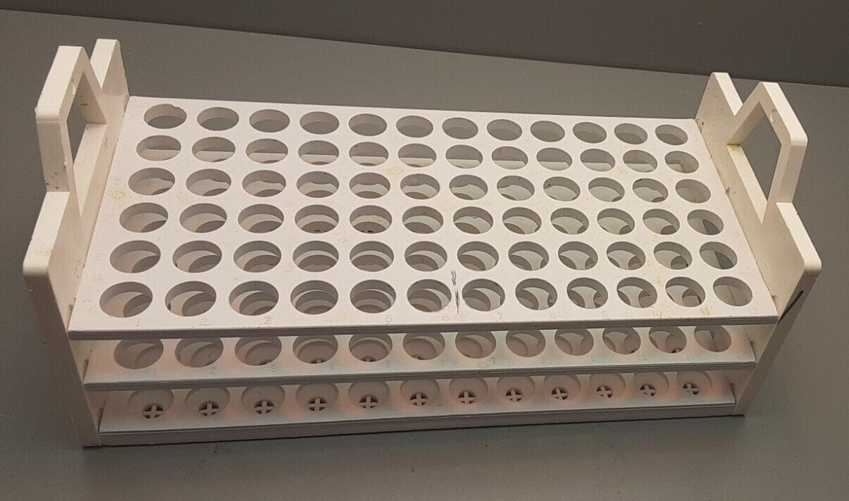 Polypropylene 72 /1/2″ round hole/3tier/1-12#row/white/used/ test tube holder