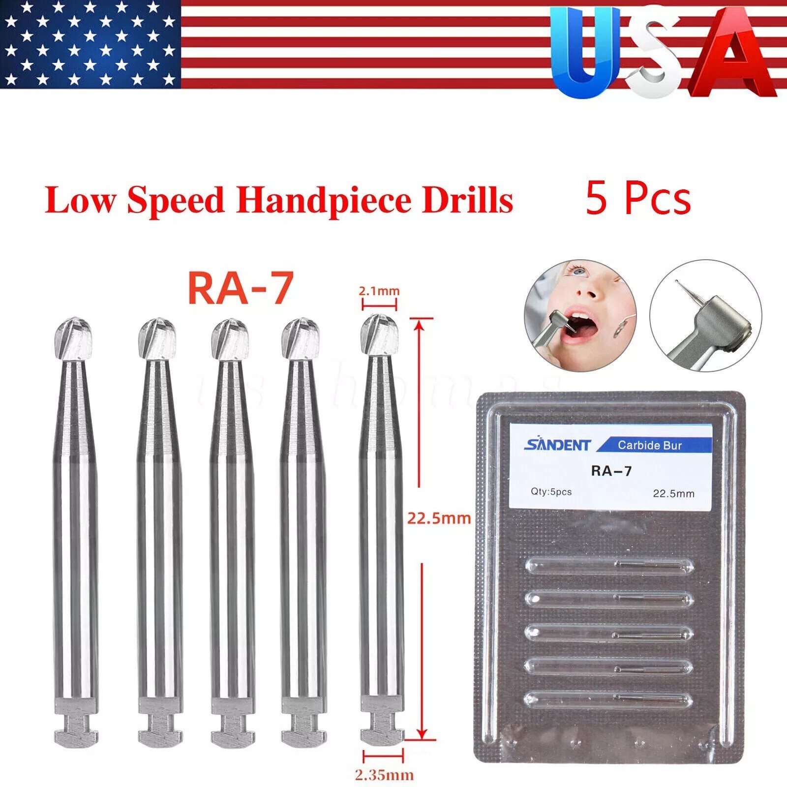 5 Pcs/Pack Dental 22.5mm Round Carbide Bur Slow Speed Latch Type RA7 Burs USA