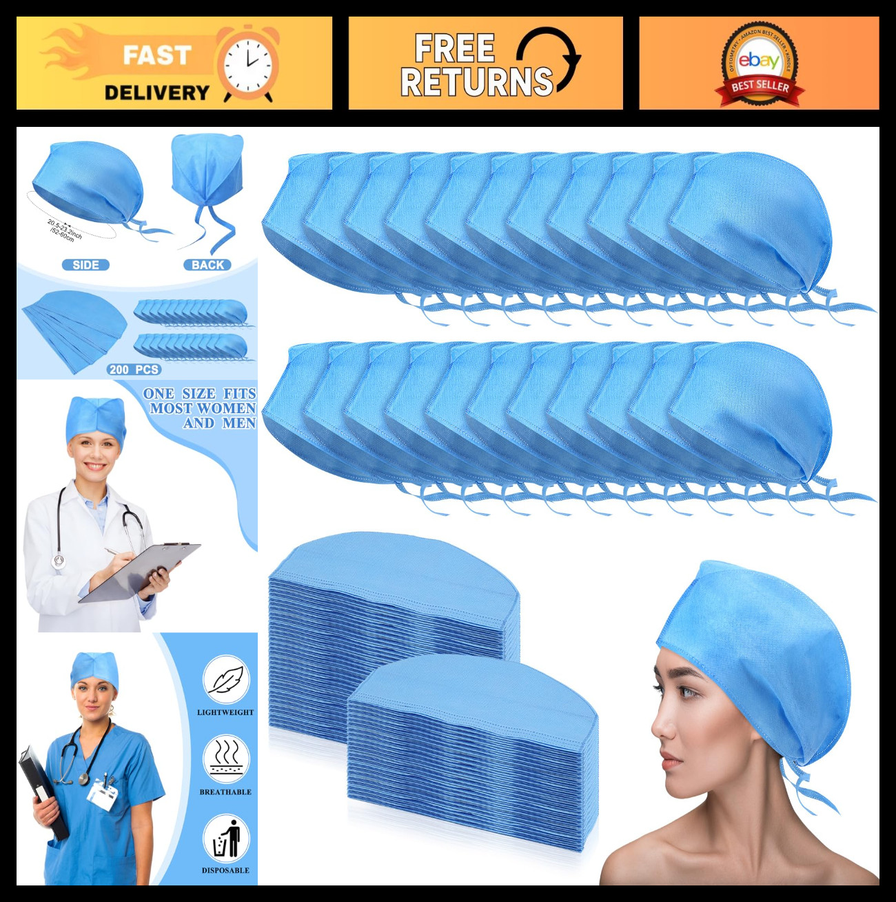 200 Pcs Disposable Surgical Caps Bouffant Scrub Hats Nonwoven Hairnets for Men &