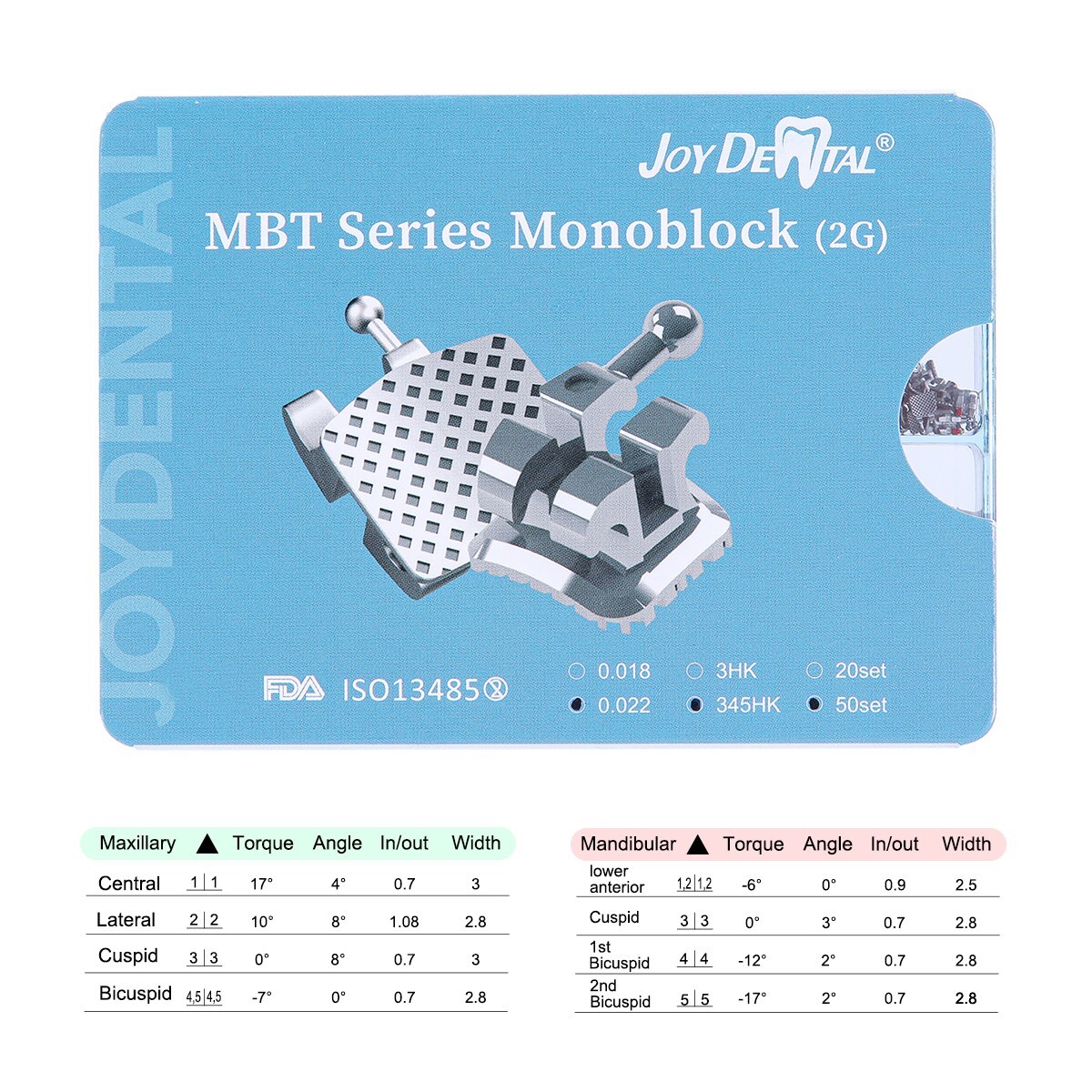 AZDENT 50 Set Dental Orthodontic MIM Monoblock Brackets Brace MBT/Roth Hooks