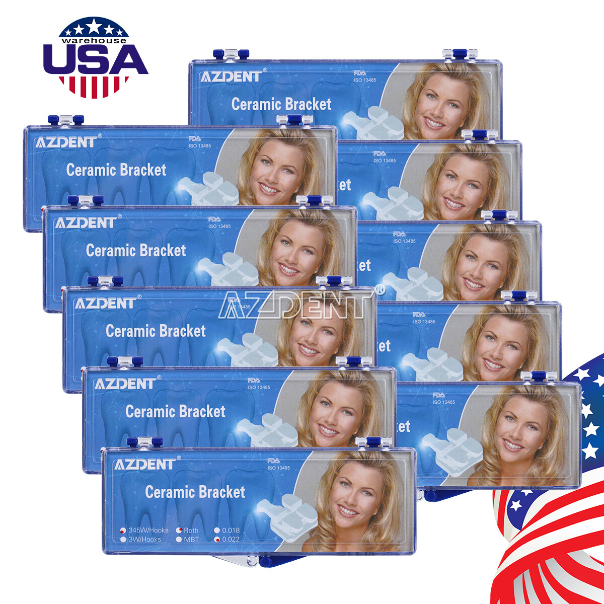 USA Dental Orthodontic Ceramic Brackets Braces 5*5 Roth.022 3-4-5 Hooks AZDENT