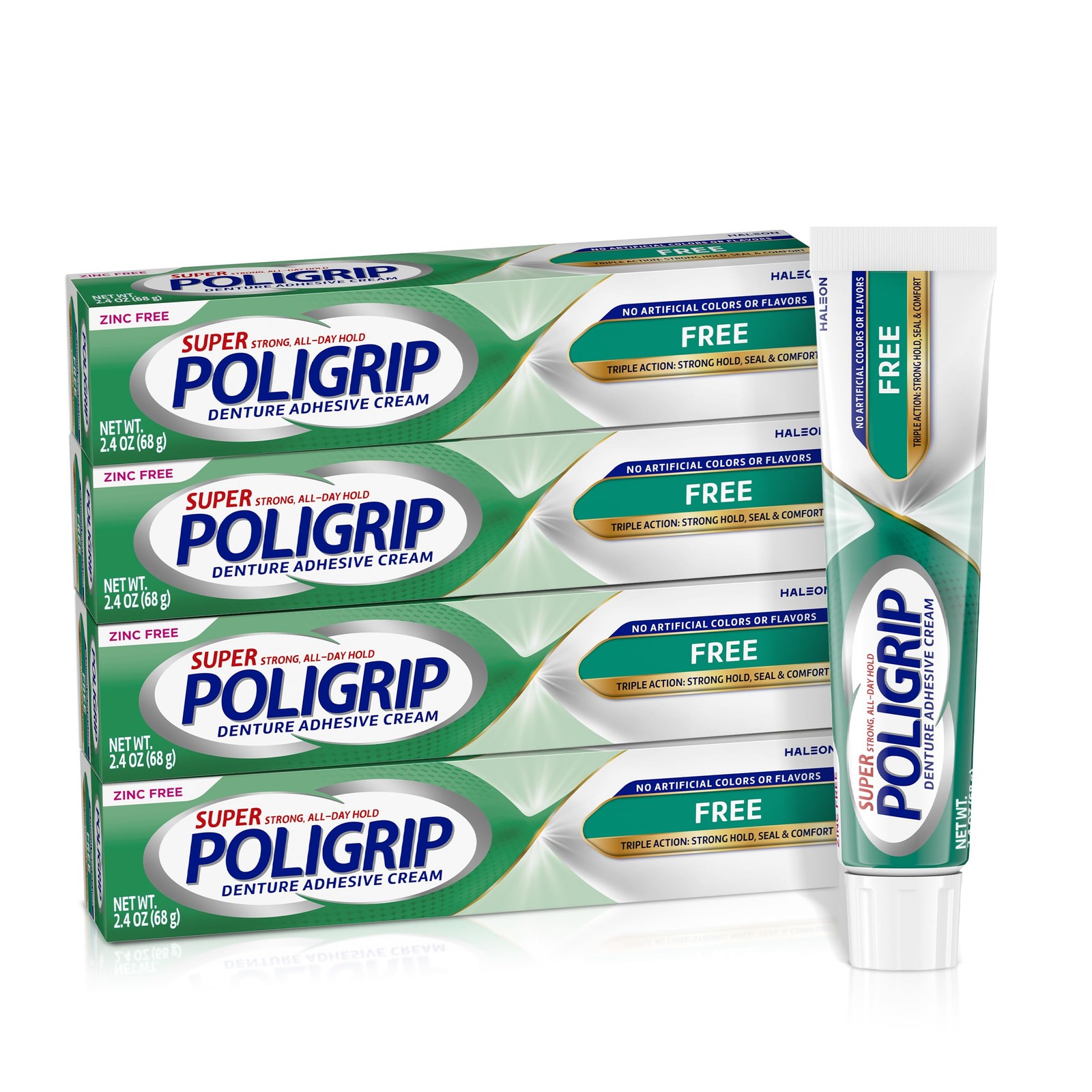 Poligrip Free Denture Adhesive Cream, Strong All 2.4 Ounce (Pack of 4), White
